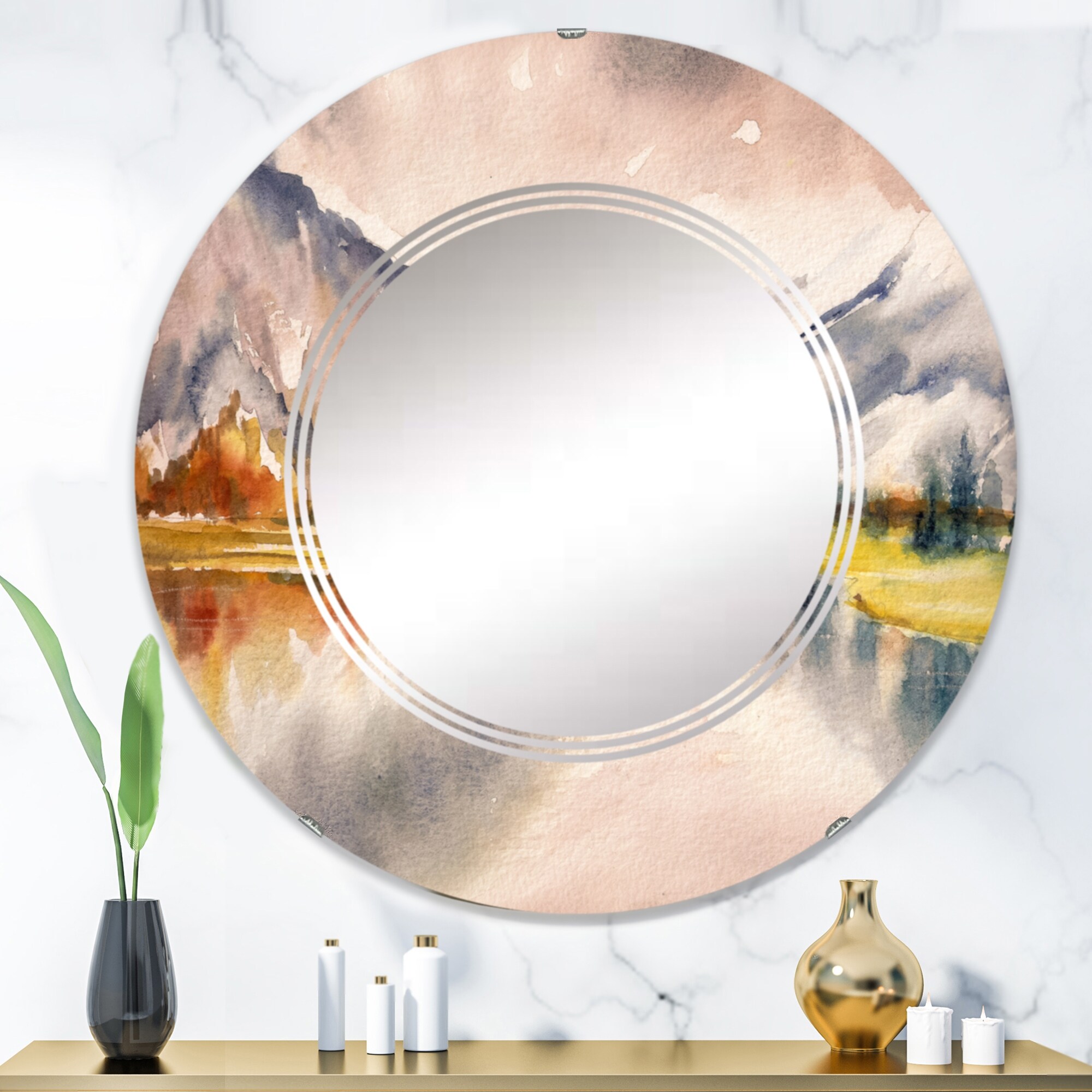 Designart 'Autumn Landscape With Sky Reflected On Lake' Printed Country Wall Mirror