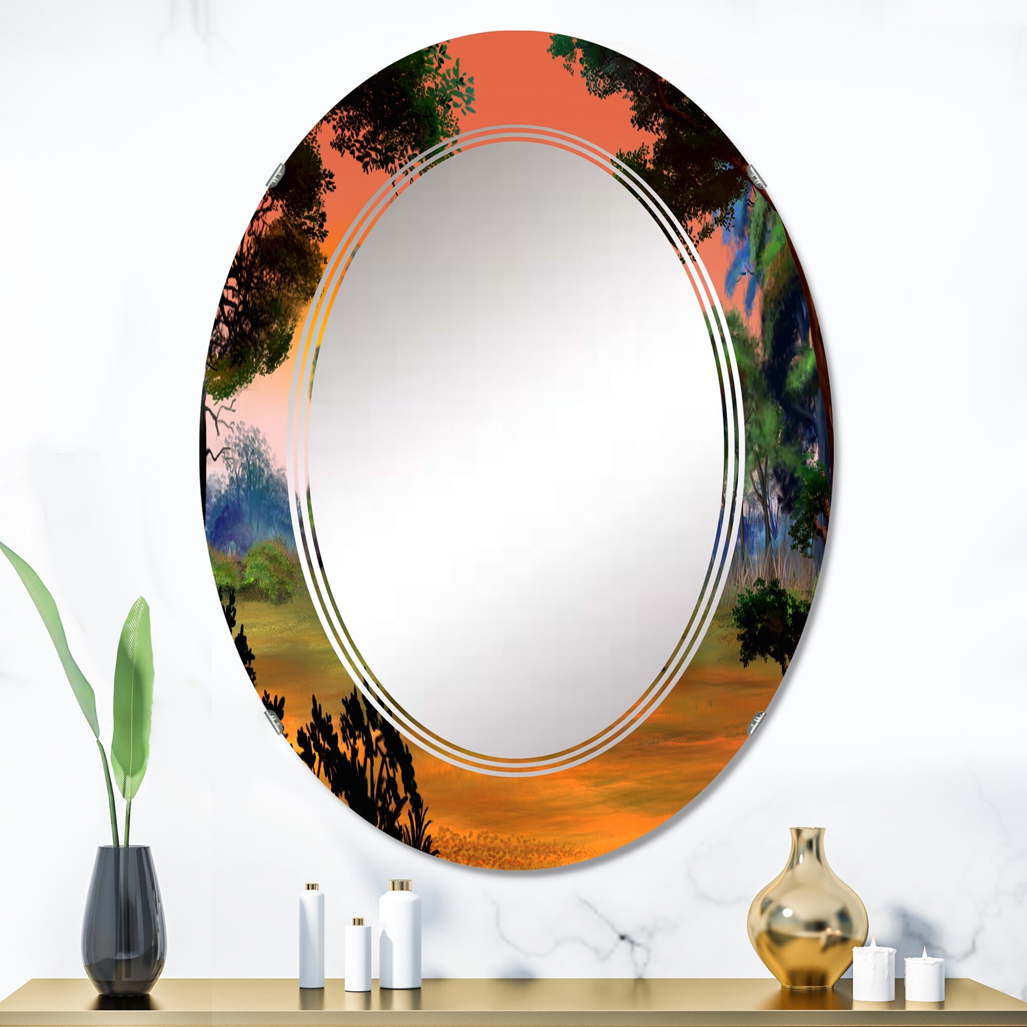 Designart 'Small Pond On A Forest Glade At Dawn' Printed Lake House Wall Mirror