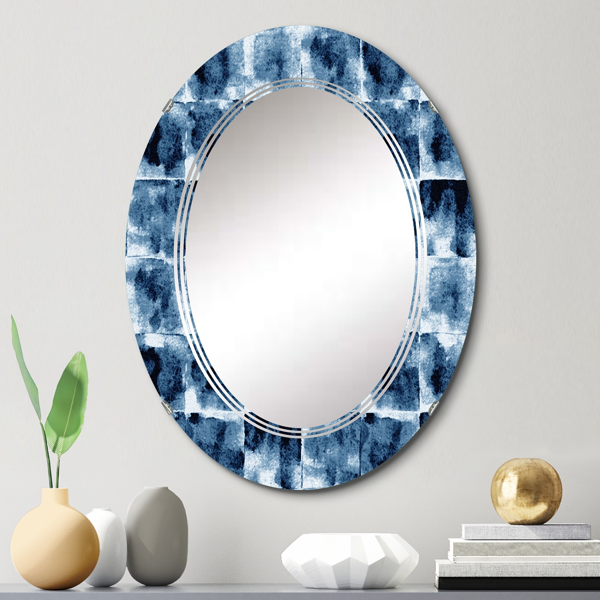 Designart 'Black And Dark Blue Geometric Grunge Pattern' Printed Patterned Wall Mirror