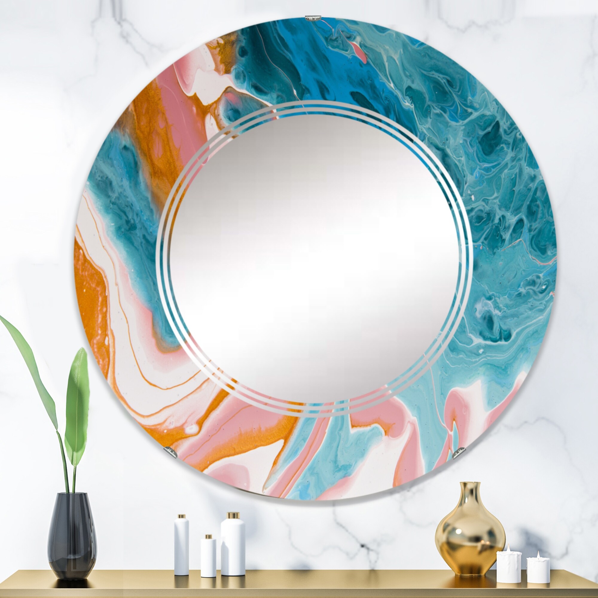 Designart 'Blue And Light Pink Marble Liquid Art' Printed Modern Wall Mirror