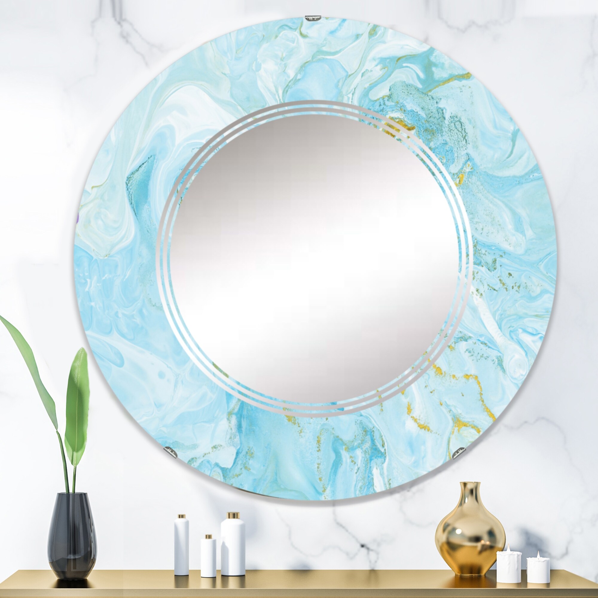 Designart 'Turquoise Marble Liquid Art Universe' Printed Modern Wall Mirror