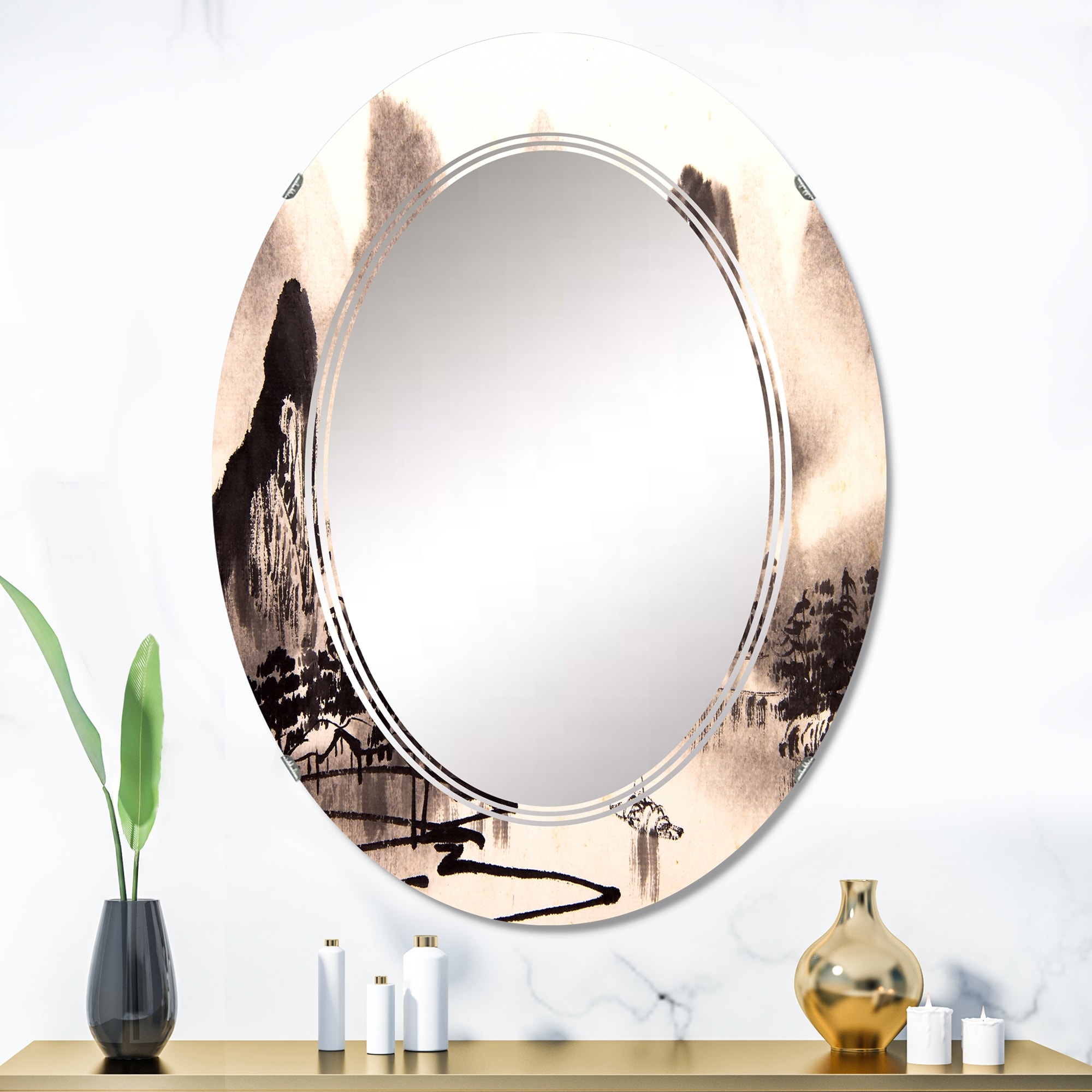 Designart 'Monochrome Chinese Water Landscape' Printed Traditional Wall Mirror