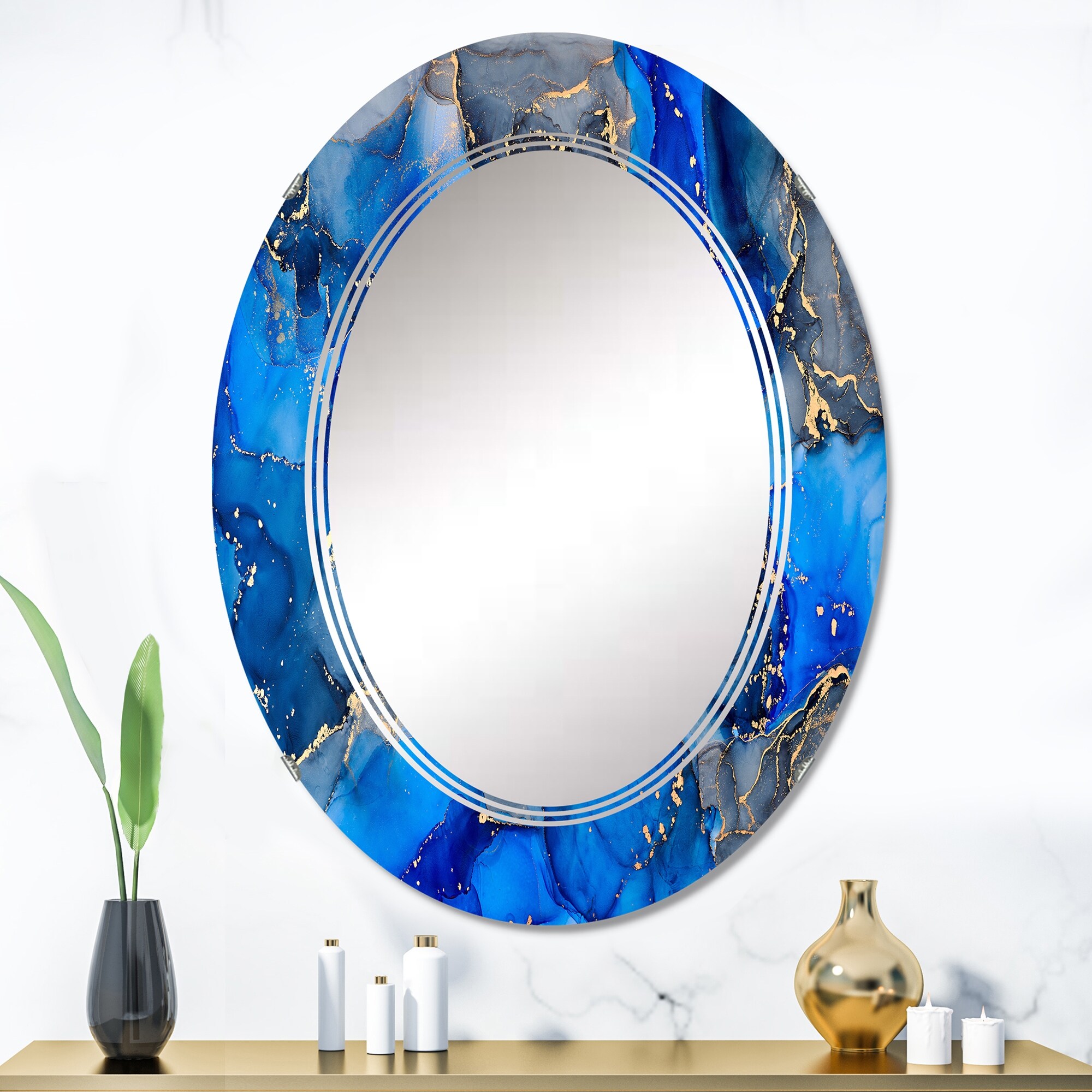 Designart 'Blue And Grey Luxury Abstract Fluid Art V' Printed Modern Wall Mirror