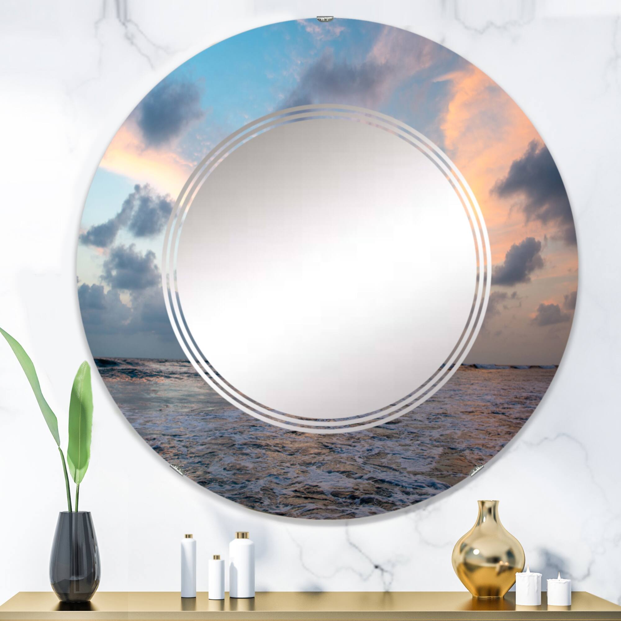 Designart 'Sunset Sky Over Calm Sea I' Nautical & Coastal Printed Wall Mirror