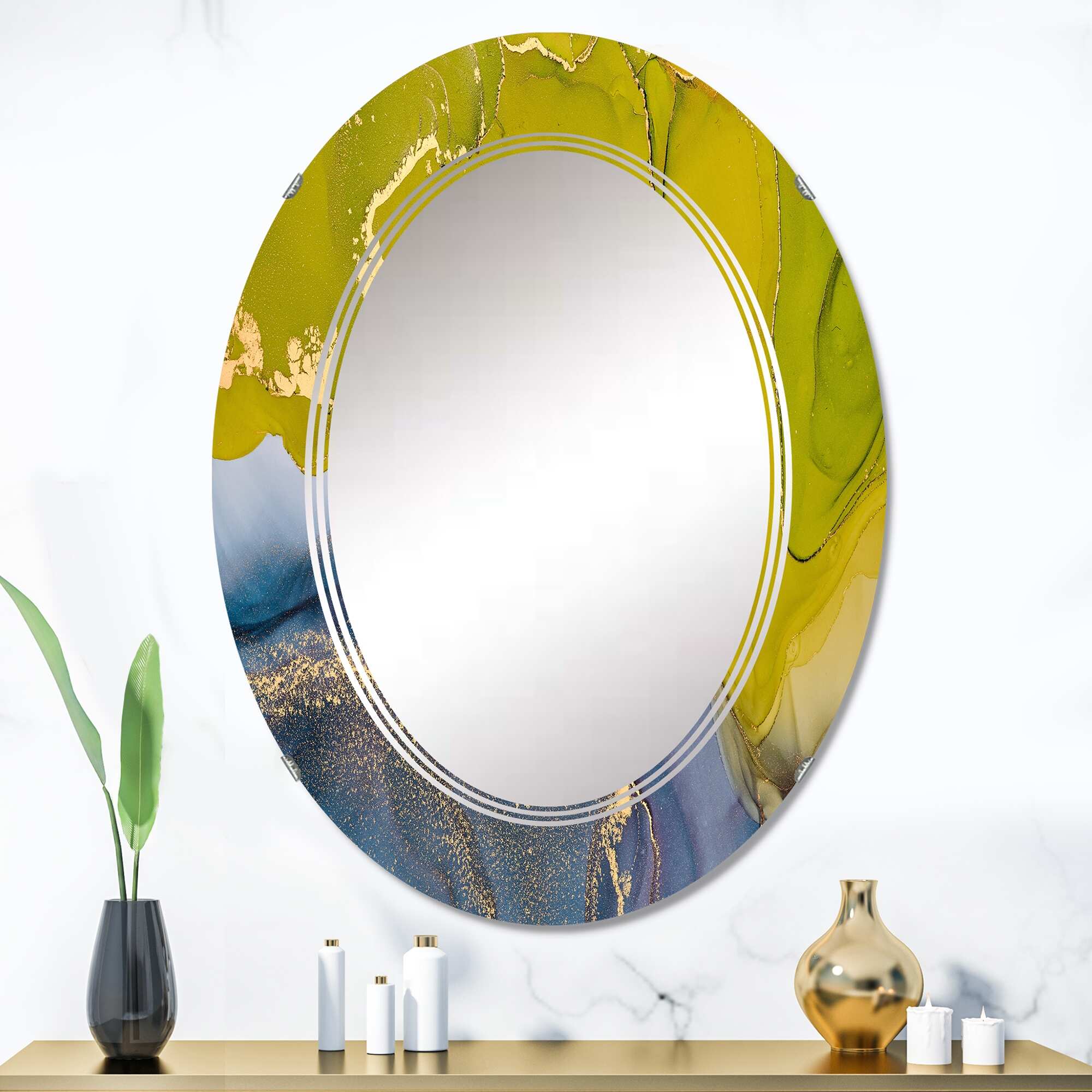 Designart 'Green And Blue Luxury Abstract Fluid Art' Printed Modern Wall Mirror