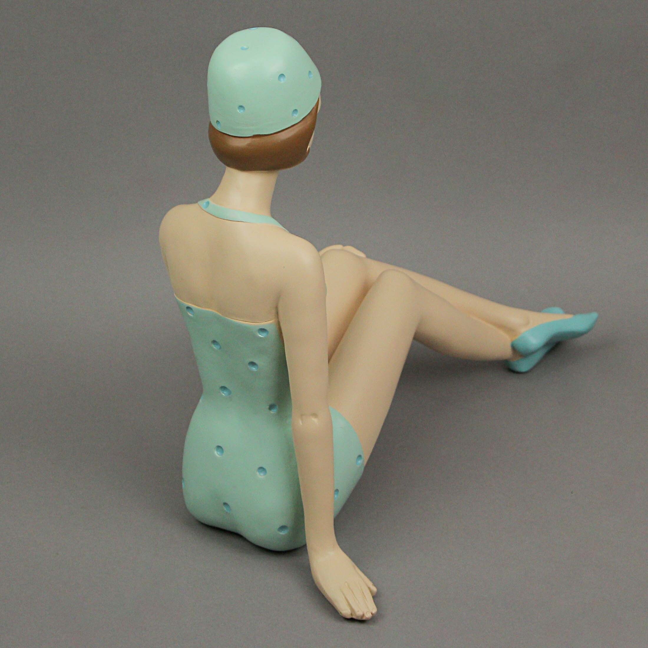 Retro Beach Girl Relaxing In Light Blue Polka Dot Swimsuit Statue - 10.5 X 6.75 X 12.24 inches