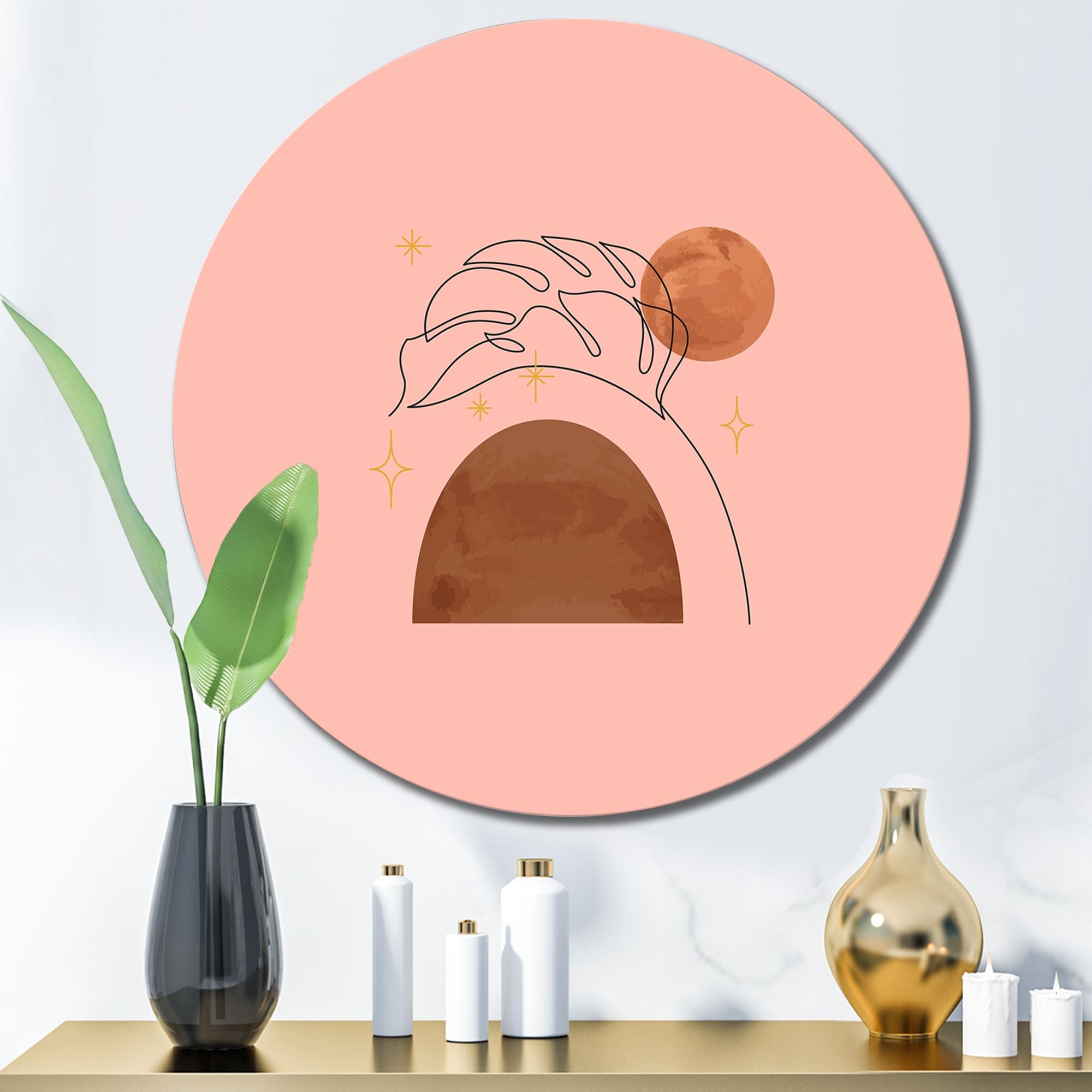 Designart 'Organic Abstract With Tropical Leaf On Pink I' Tropical Metal Circle Wall Art