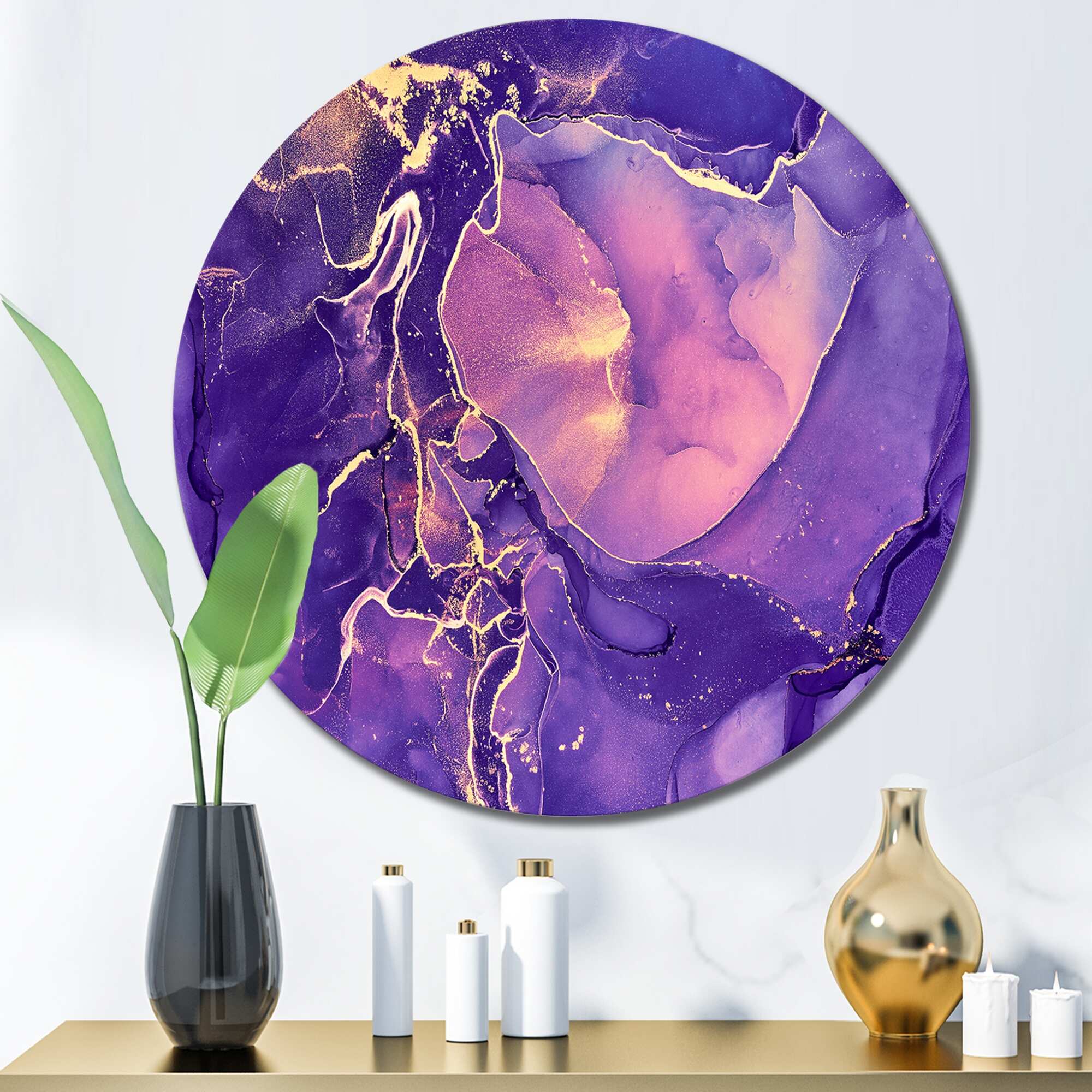 Designart 'Purple And Blue Liquid Fuchia Art IV' Modern Metal Circle Wall Art