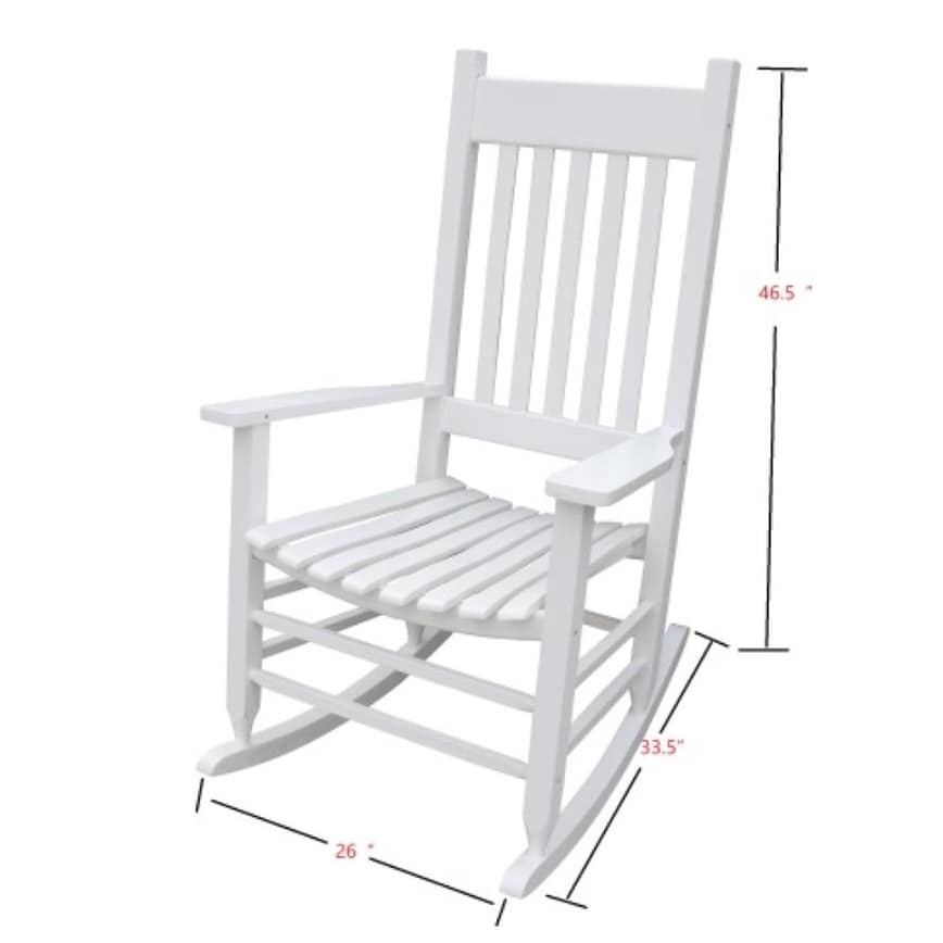WHITE kits wooden porch rocker chair with size 26"(L) x 33.5"(W) x 46.5"(H)