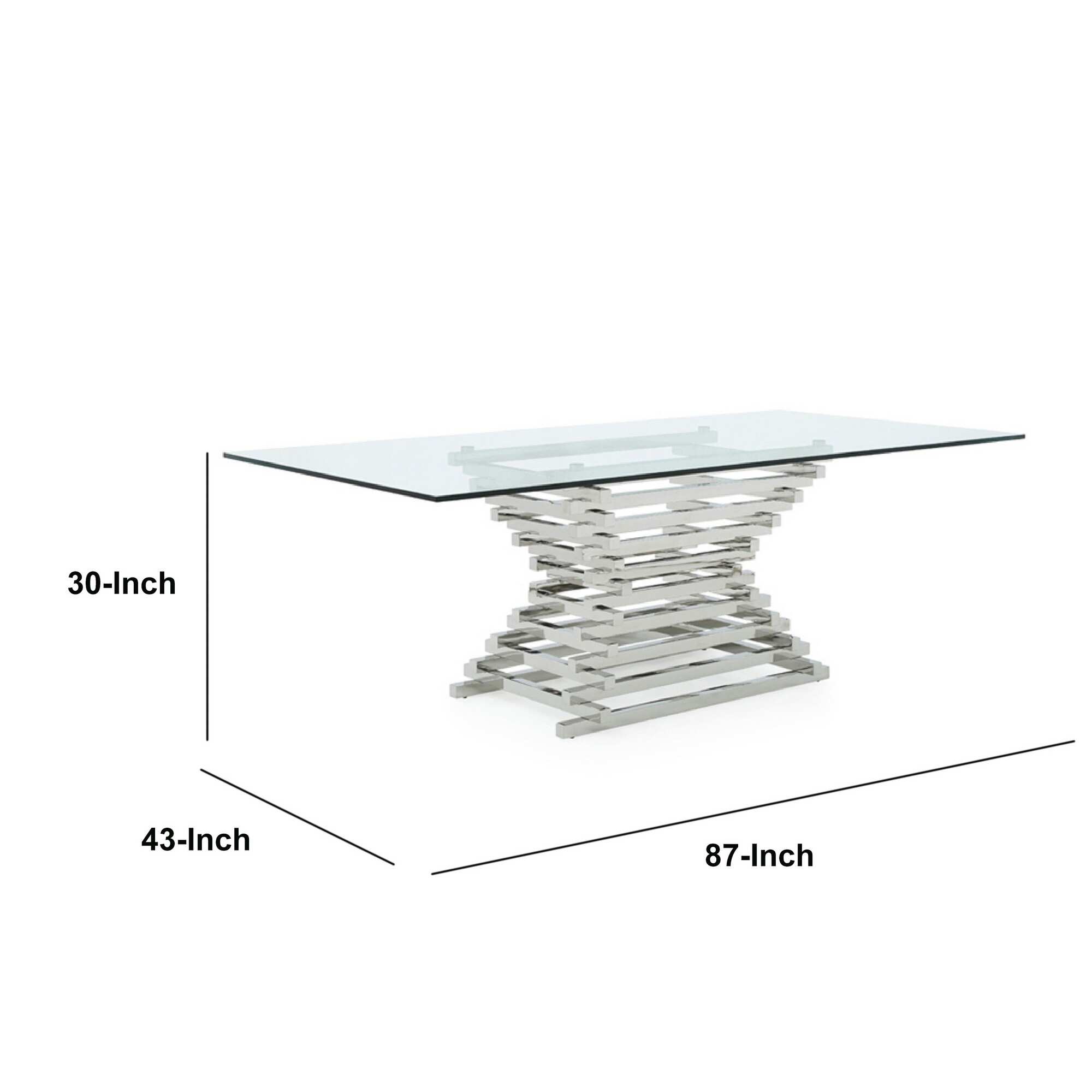 Cid 87 Inch Modern Dining Table, Staggered Metal Base, 6 Seater, Silver