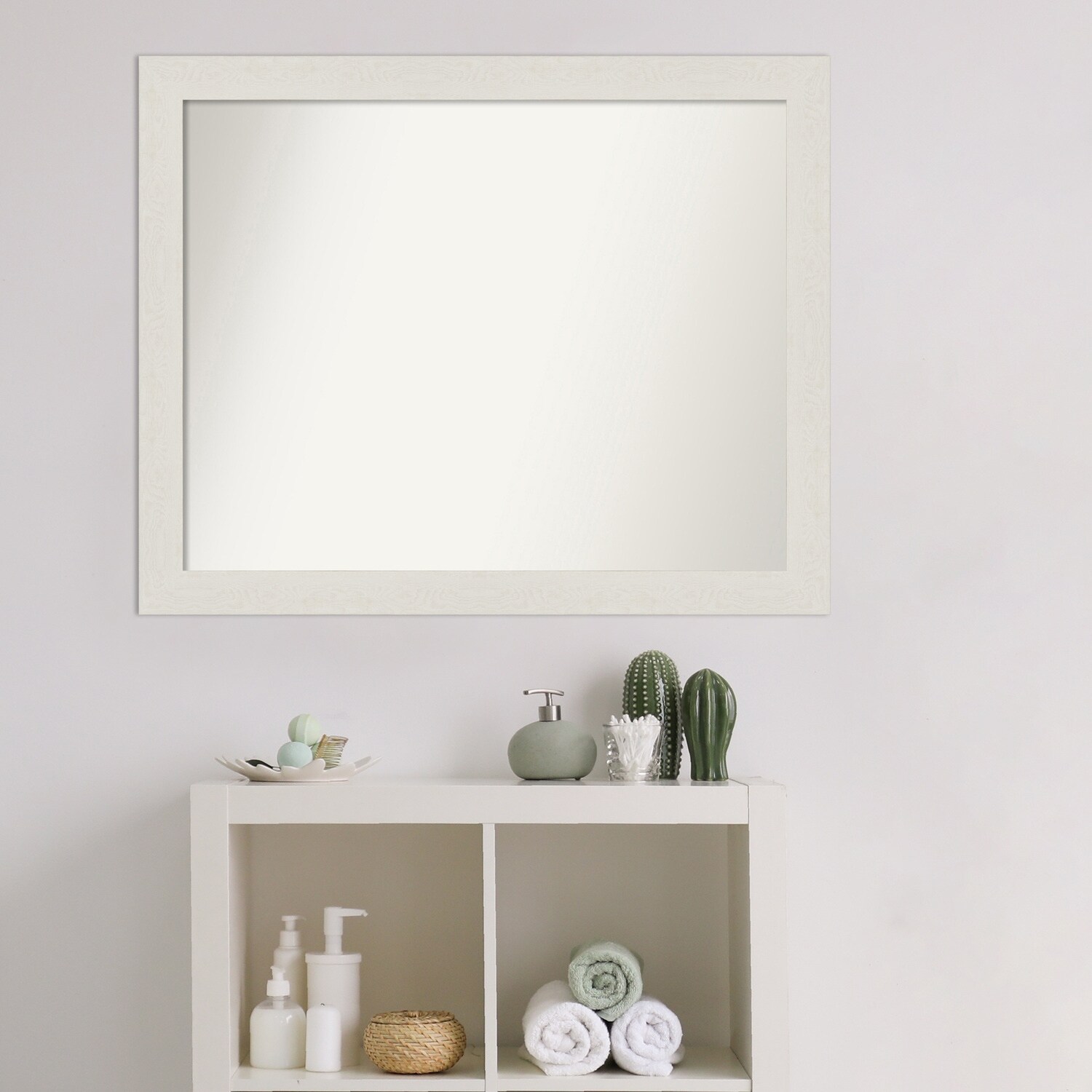 Non-Beveled Bathroom Wall Mirror - Rustic Plank White Narrow Frame