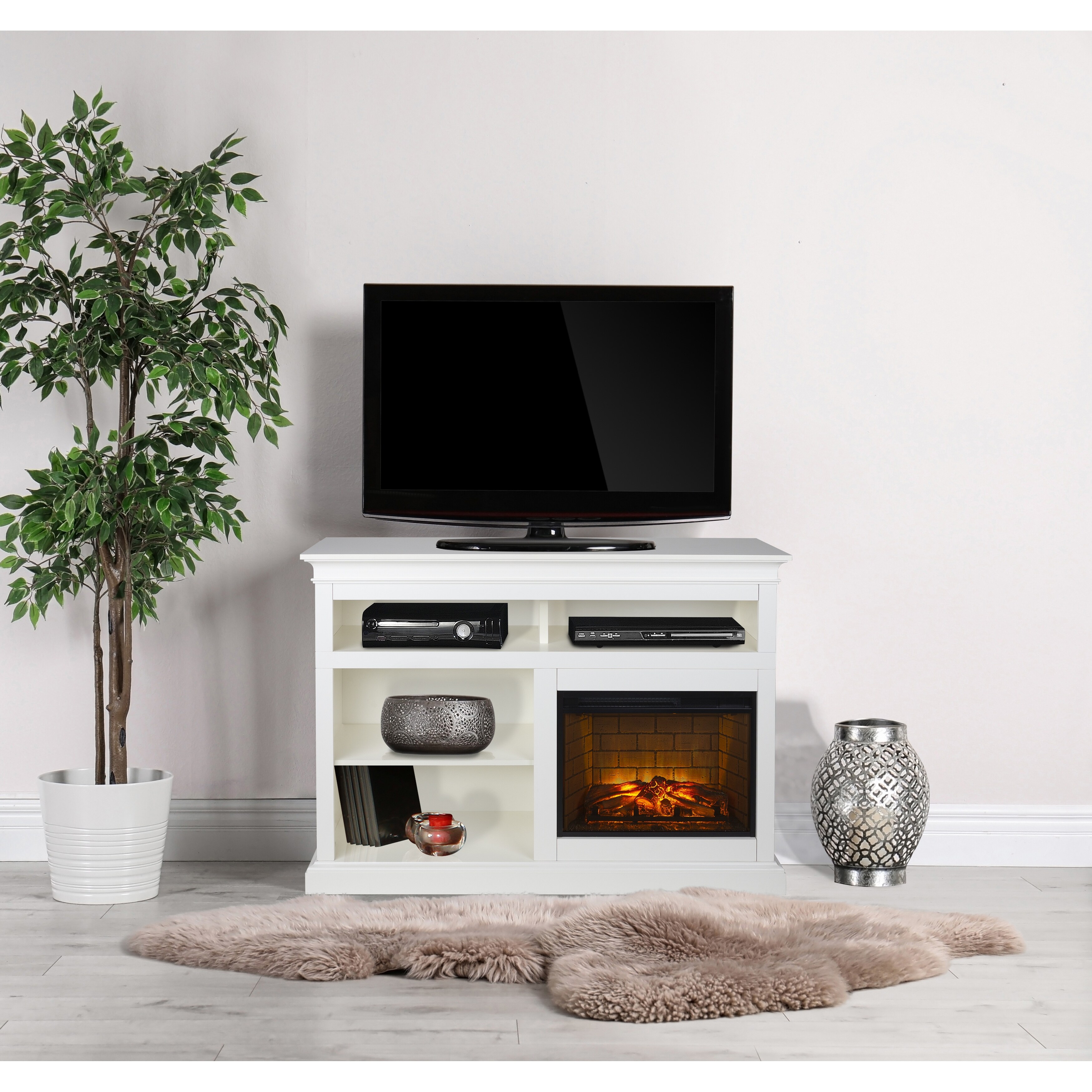 Pleasant Hearth Wynford 55 in. TV Stand with Electric Infrared Fireplace with open storage White Finish - 55 inches