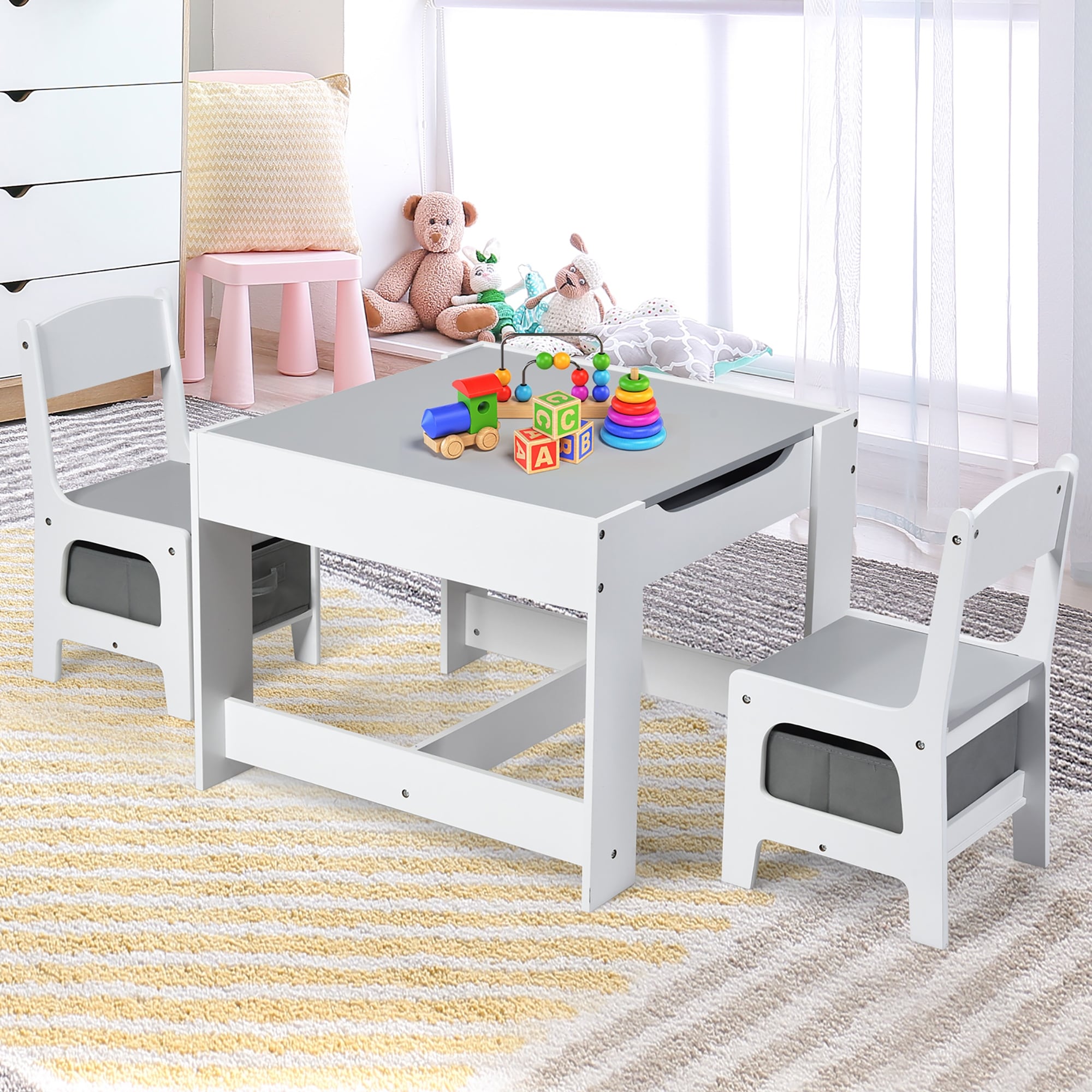 3-in-1 Kids Table and Chair Set Wooden Activity Table with Chairs