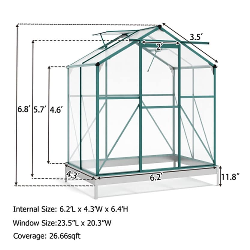 Outdoor Patio Greenhouse with 2 Windows and Base,Green - 6.2ft x4.3ft