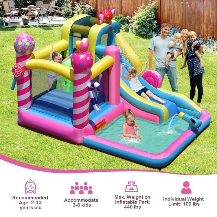Sweet Candy Inflatable Bounce House with Water Slide and 480W Blower - 145.5" x 105.5" x 92" (L x W x H)