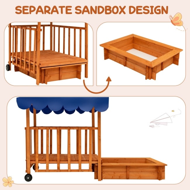 Kids Outdoor Wooden Retractable Sandbox with Cover and Built-in Wheels-Natural - 43.3" x 43.3" x 47.2" (L x W x H)
