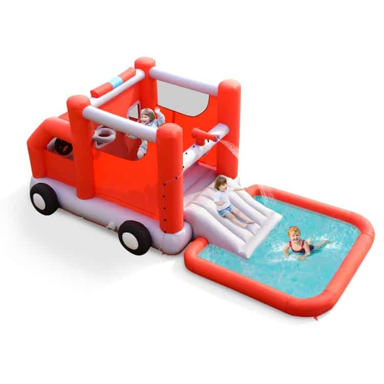 Fire Truck Themed Inflatable Castle Water Park Kids Bounce House with 480W Blower - 222.05 x 105.51 x 83.46 inch (L x W x H)