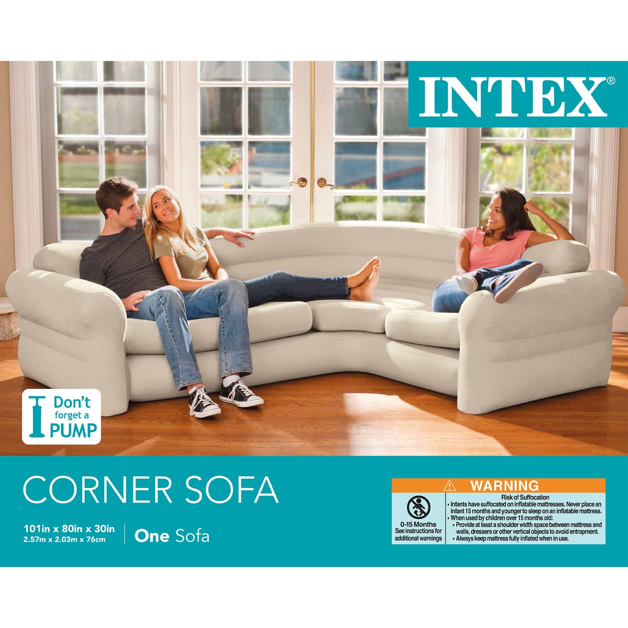 Intex Inflatable Corner Living Room Air Mattress Sectional Sofa Couch, Beige