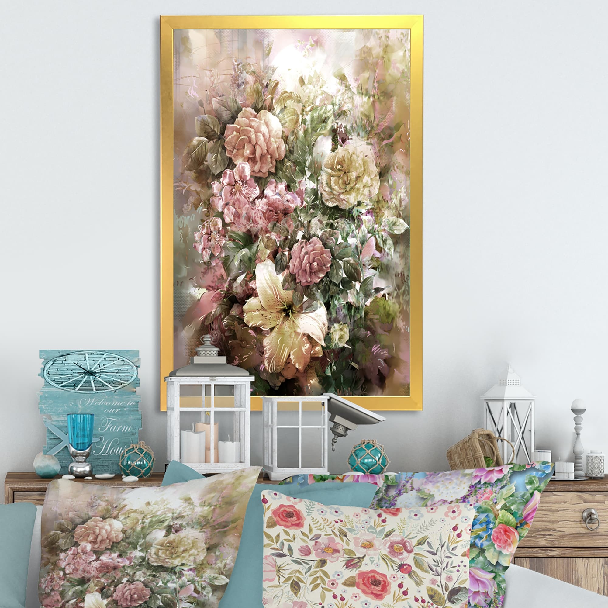 Designart "Grunge Pink Green Summer Flowers II" Traditional Framed Art Print