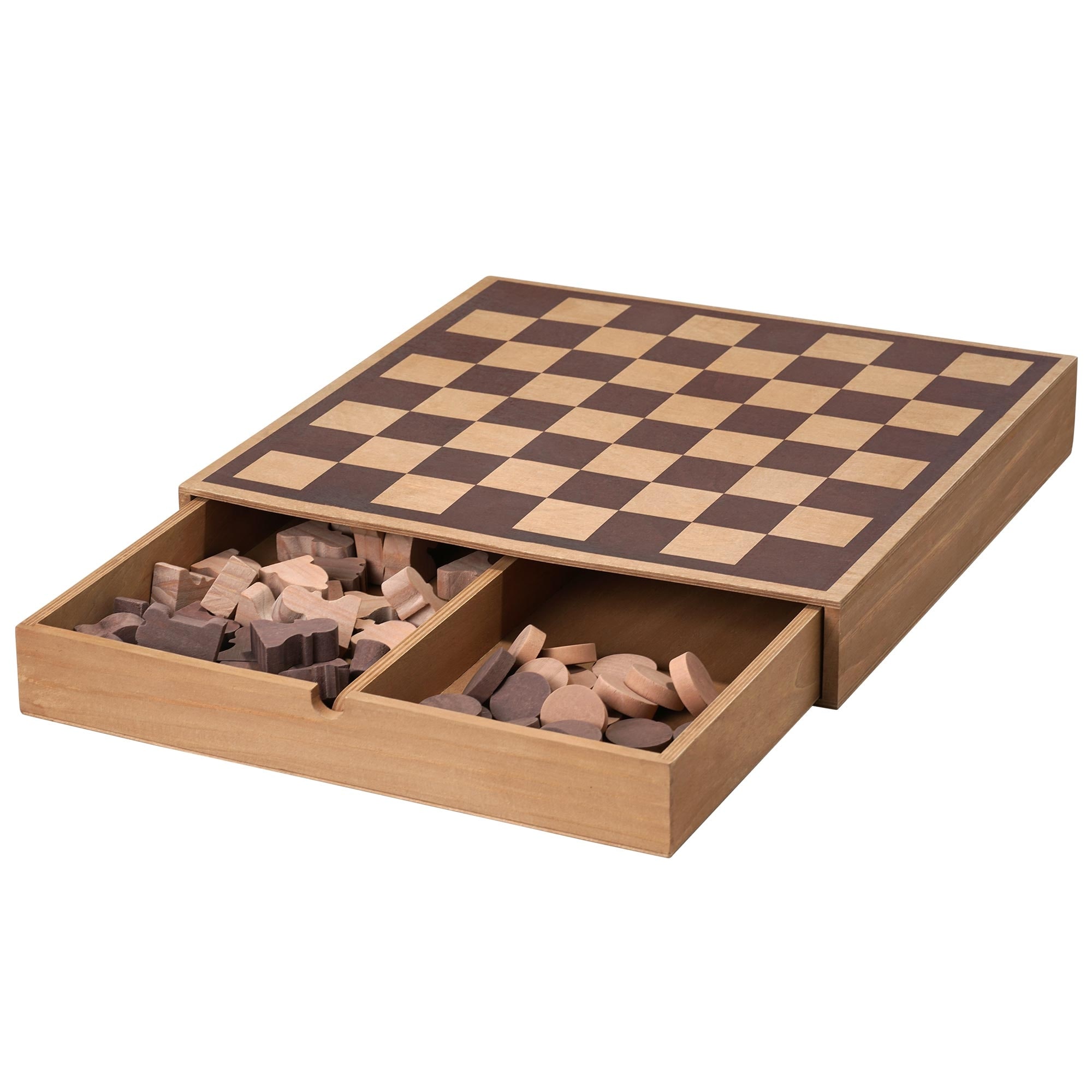 American Art Decor Wood Chess & Checkers Board Game Set with Drawer Tabletop Decor - 2.5" H x 16" L x 16" D