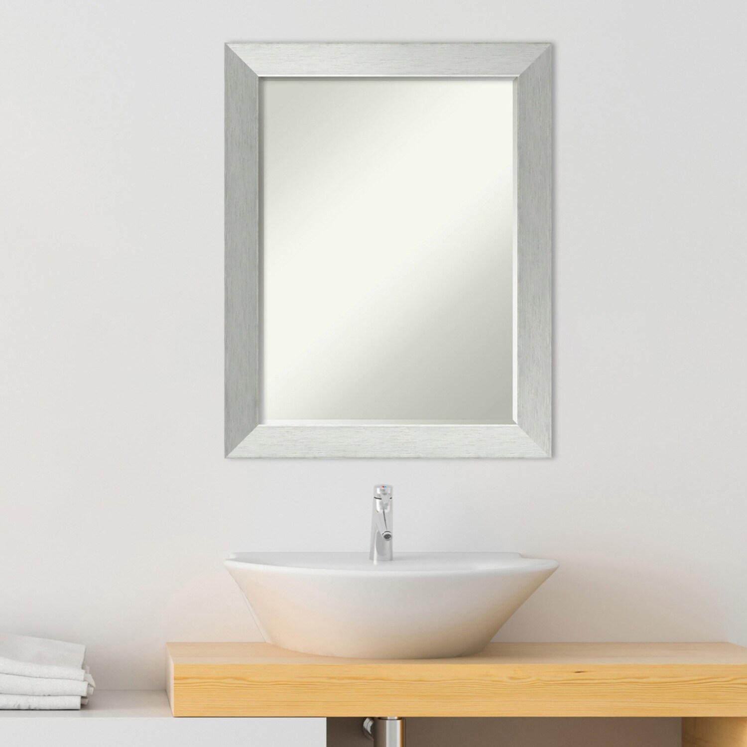 Petite Bevel Wood Bathroom Wall Mirror - Brushed Sterling Silver Frame - Brushed Sterling Silver - 22 x 28 in