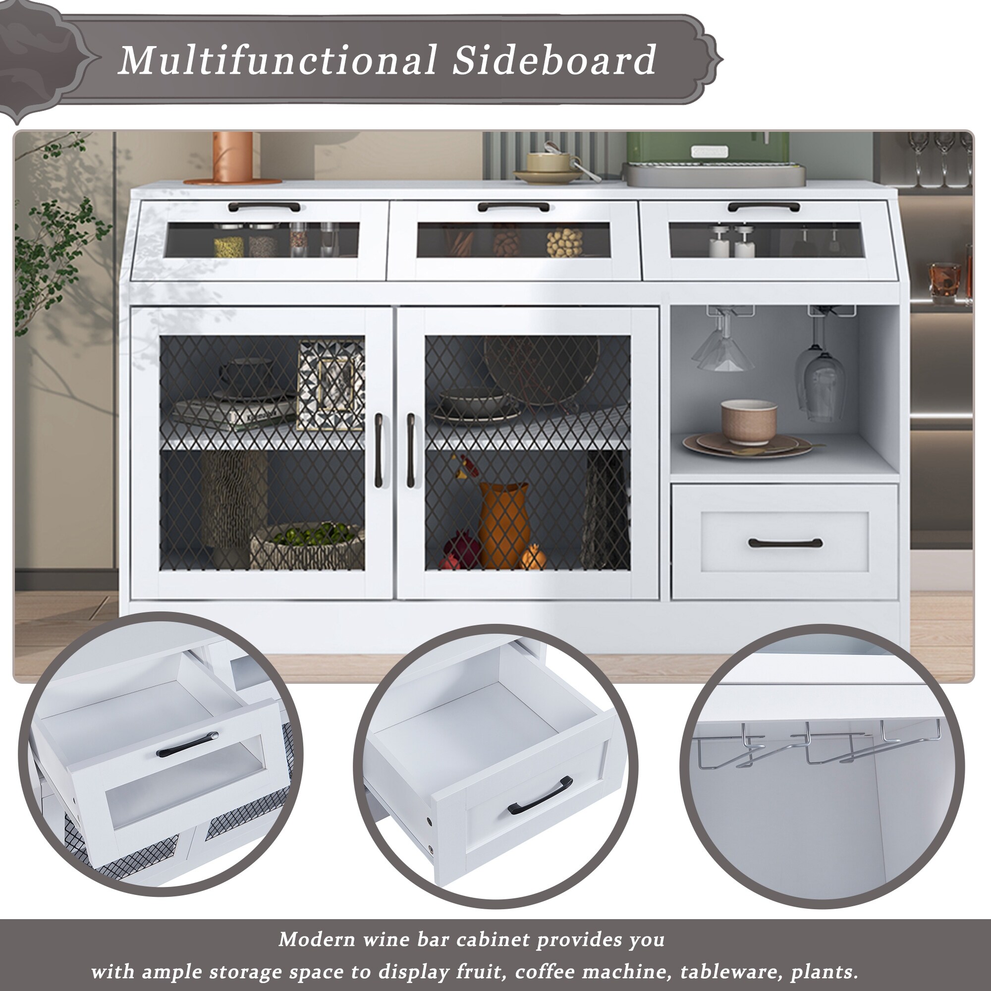 Multifunctional 4-Drawer Kitchen Sideboard Buffet Cabinet - White