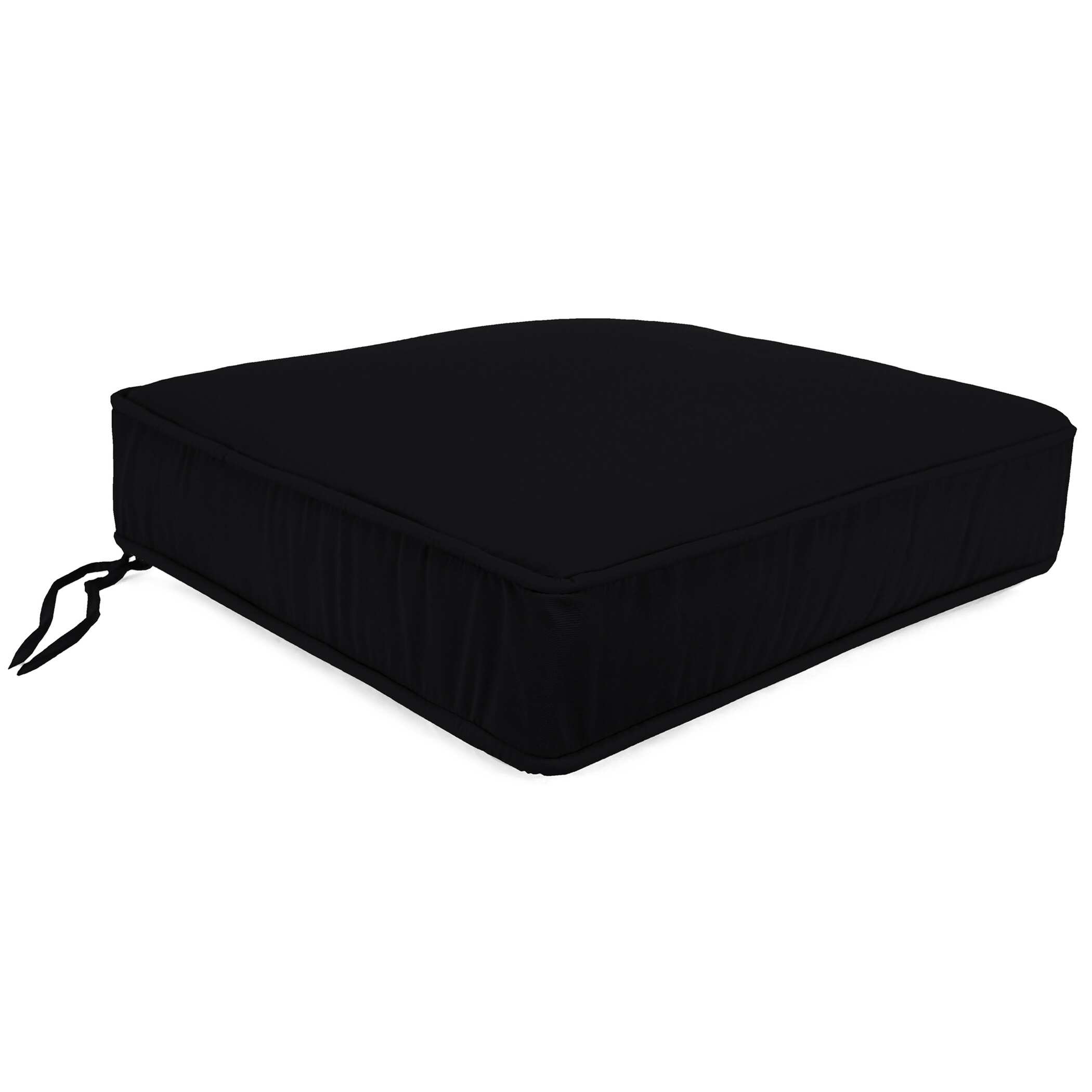 Sunbrella 22.5" x 21.5" Black Solid Outdoor Deep Seat Cushion with Ties and Welt - 21.5'' L x 22.5'' W x 4'' H