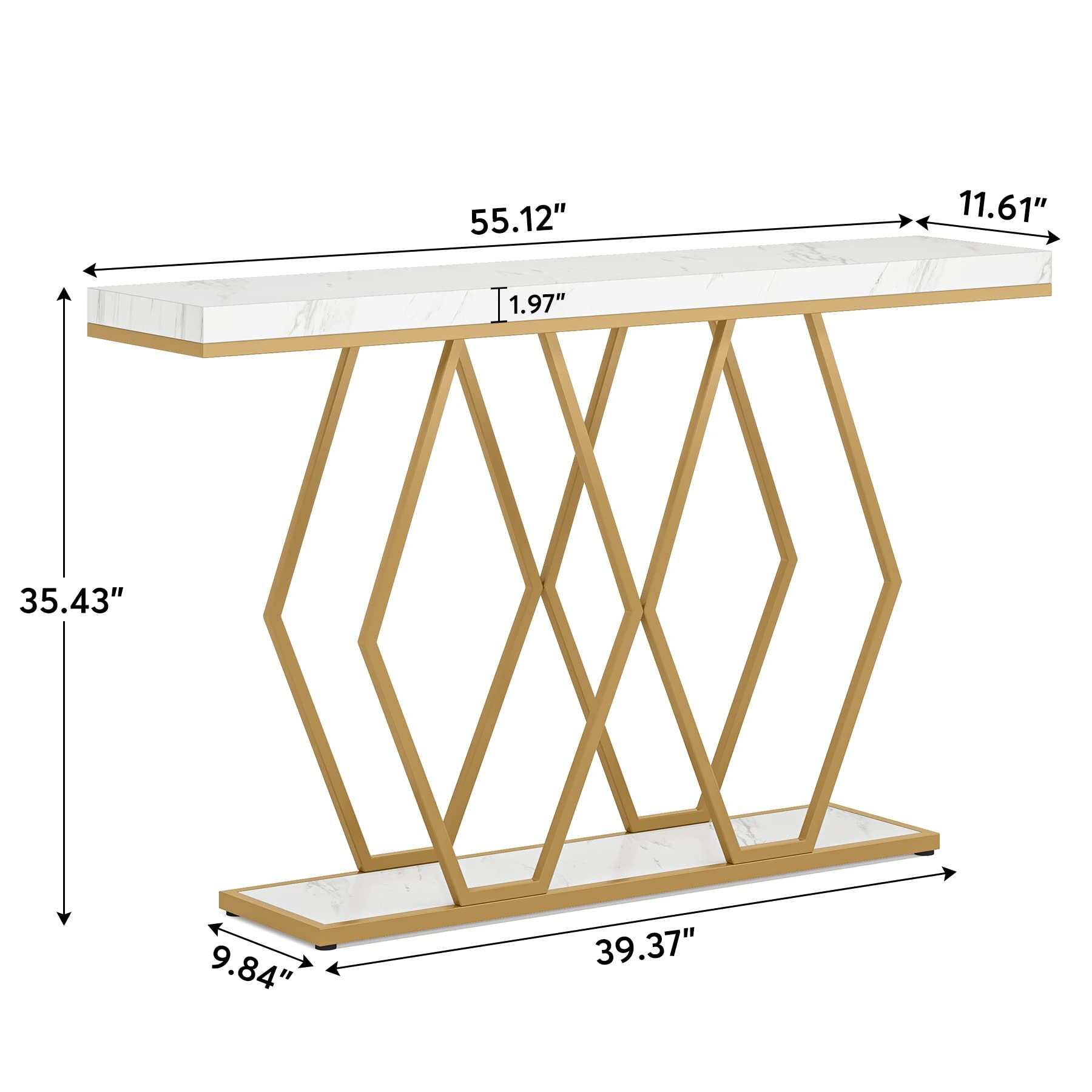 55 Inch Gold Console Table, Modern Entryway Sofa Table with Fuax Marble Finish - Gold