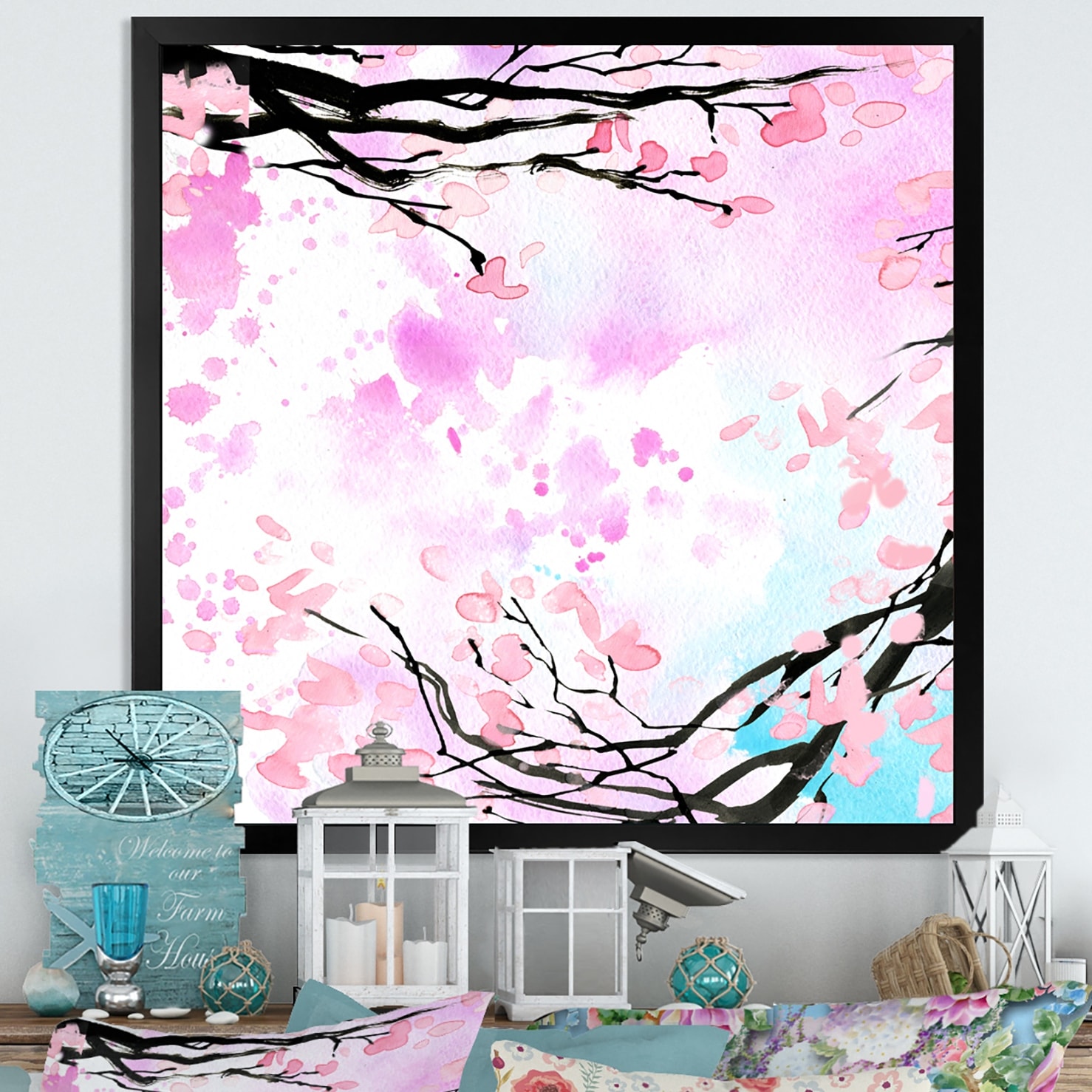 Designart "Pink Cherry Blossom Branch" Traditional Framed Wall Art