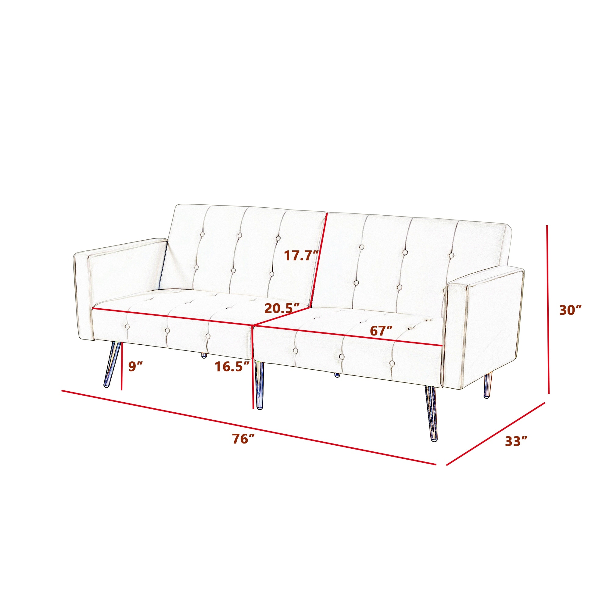 Modern Loveseat Sofa, Velvet Button Tufted Folding Futon Sofa Bed with Adjustable Back and Metal Legs for Living Room