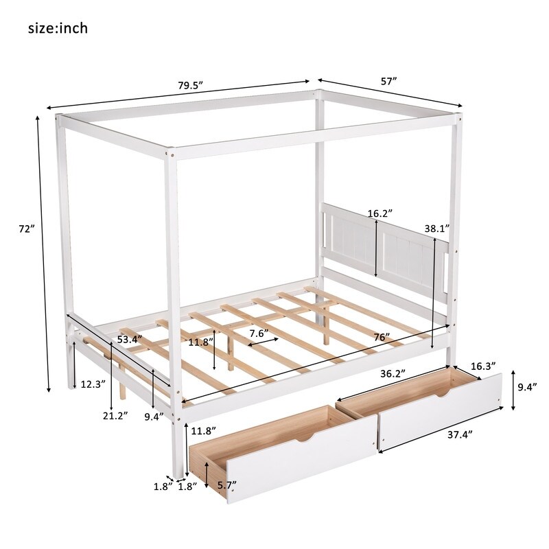 Full Canopy Bed Storage Platform Bed with 2 Drawers and Full-length Top Rails for Curtains, No Box Spring Needed