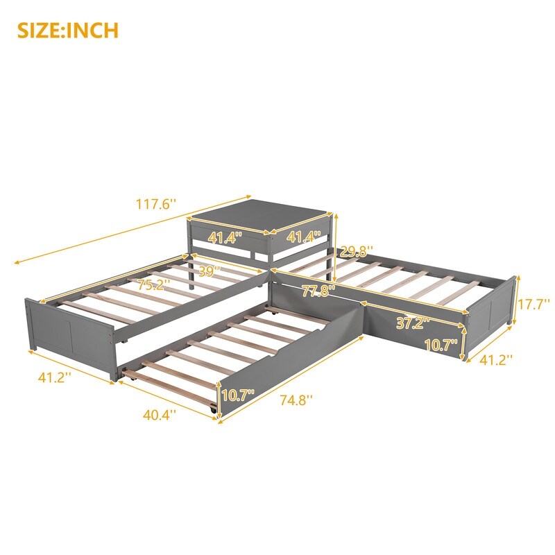 3 in 1 L-shaped Corner Bed Twin Floor Storage Platform Bed with Trundle for 3 Person, 117.6''L*117.6''W*29.8''H, 190.5LBS