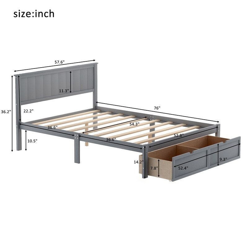 Full Panel Bed Platform Bed with 2 Under-bed Storage Drawer&Headboard, 76''L*57.6''W*36.2''H, 75LBS