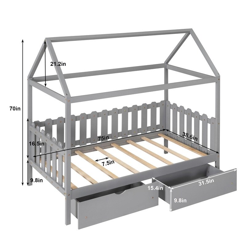 Twin Size House Bed with drawers, Fence-shaped Guardrail - Grey