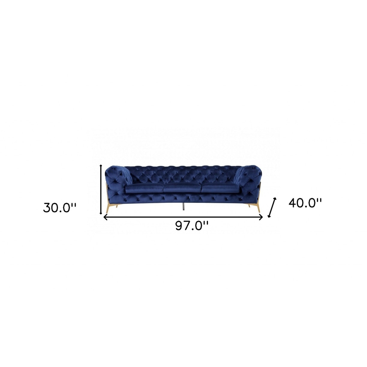 Contemporary 97" Blue Velvet And Gold Accent Sofa - 30" x 97" x 40"