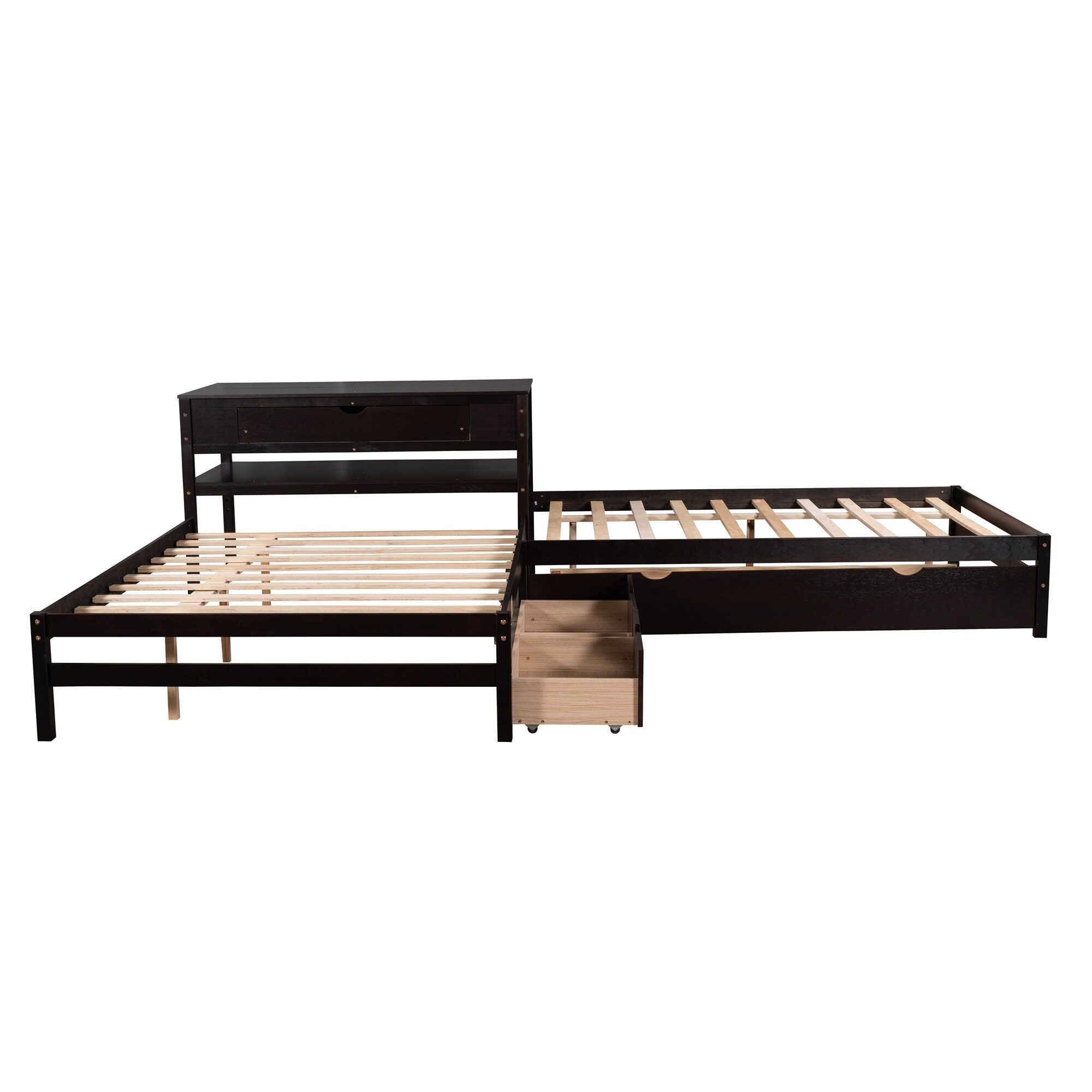 3 in 1 Design L-Shaped Corner Platform Beds with 1 Desk&1 Trundle&2 Drawers for Small Bedroom City Aprtment Dorm