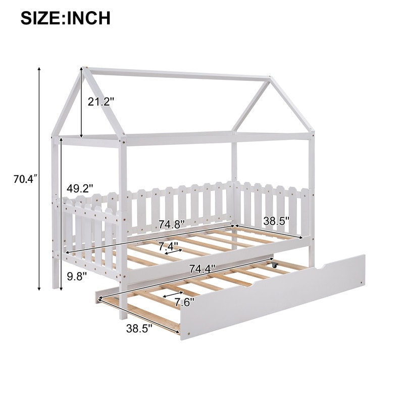 Twin Size Pine Wood House Bed Sofa Bed Daybed with Removable Trundle and Fence-shaped Guardrail for Living Room Kids Bedroom