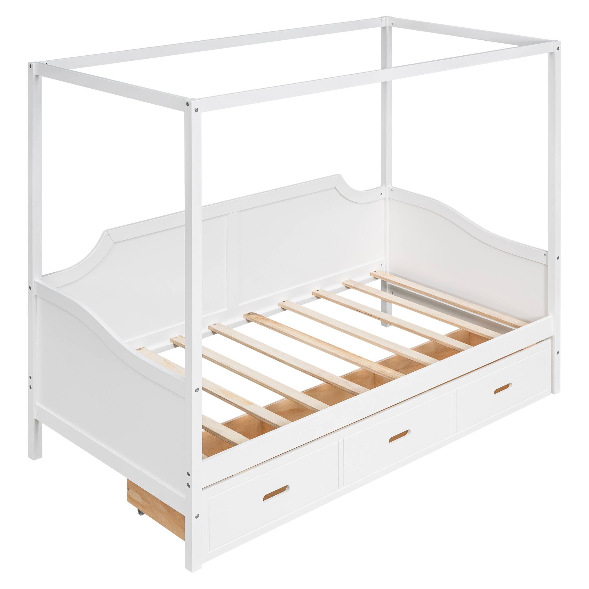 Twin Size Curved Style Canopy Bed Daybed with 3 Drawer-Like Compartments, 78''L*41.3''W*66.1''H, 94.5LBS