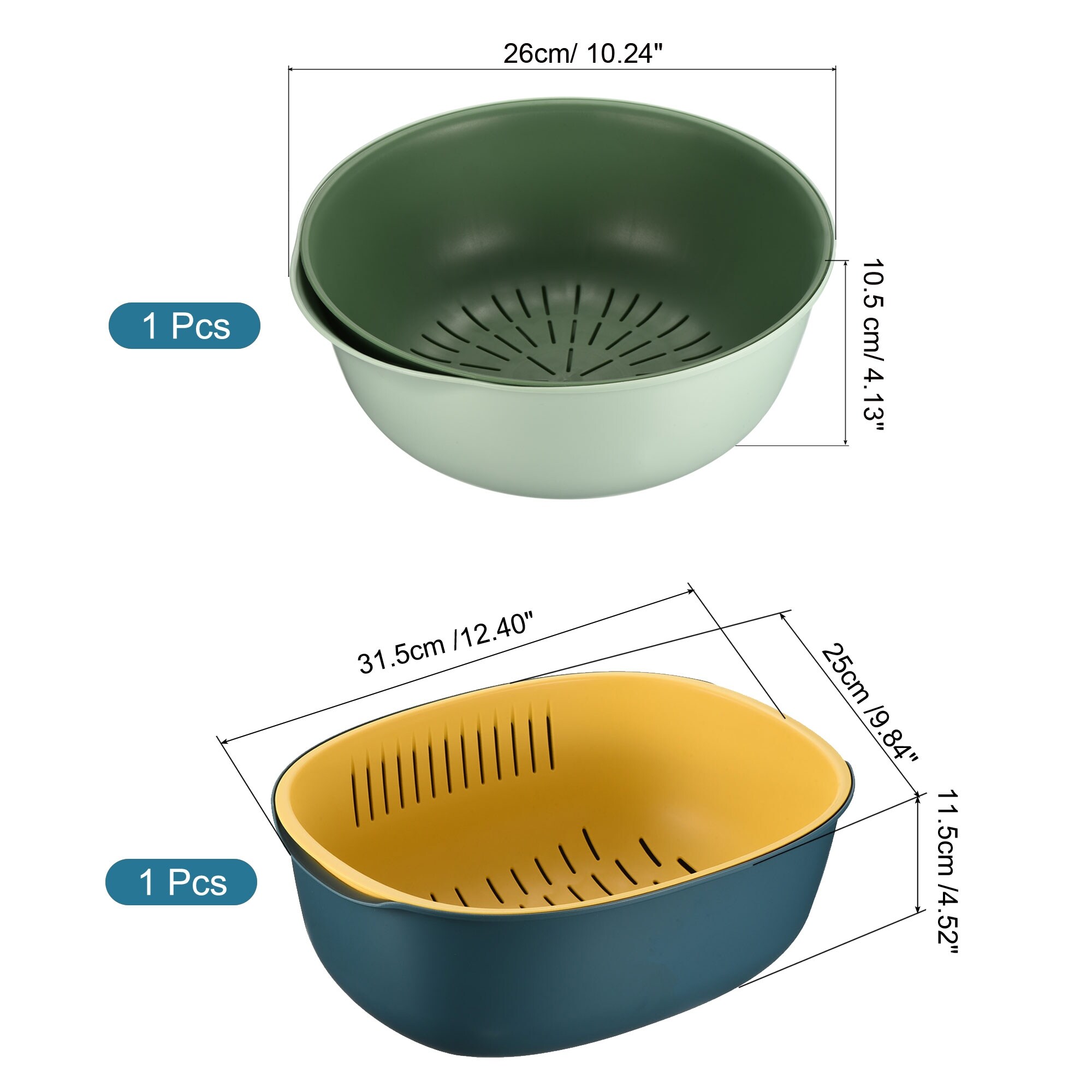 Colander Bowl Set 2PCS, Fruit Vegetable Washing Basket - Round & Oval - Blue+Green
