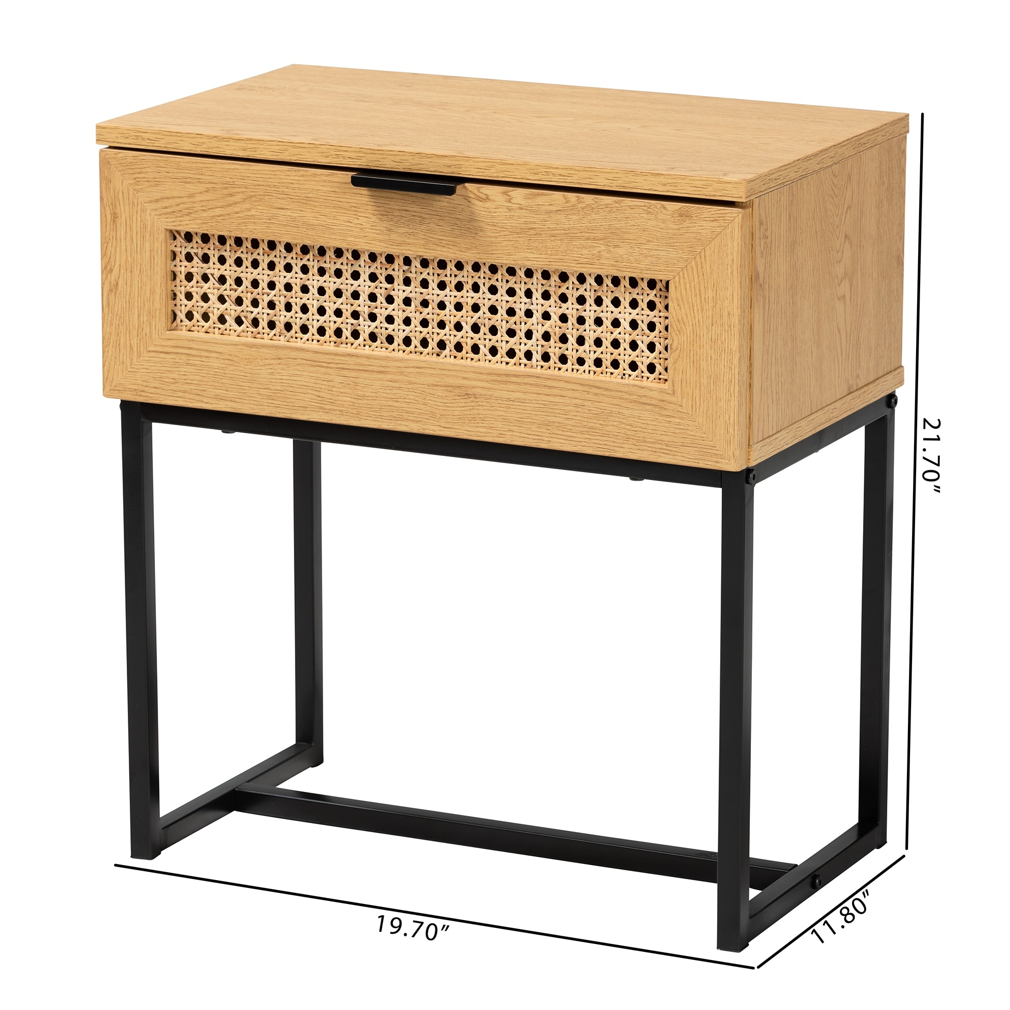 Sawyer Mid-Century Modern Industrial Oak Brown Finished Wood and Black Metal 1-Drawer End Table with Natural Rattan