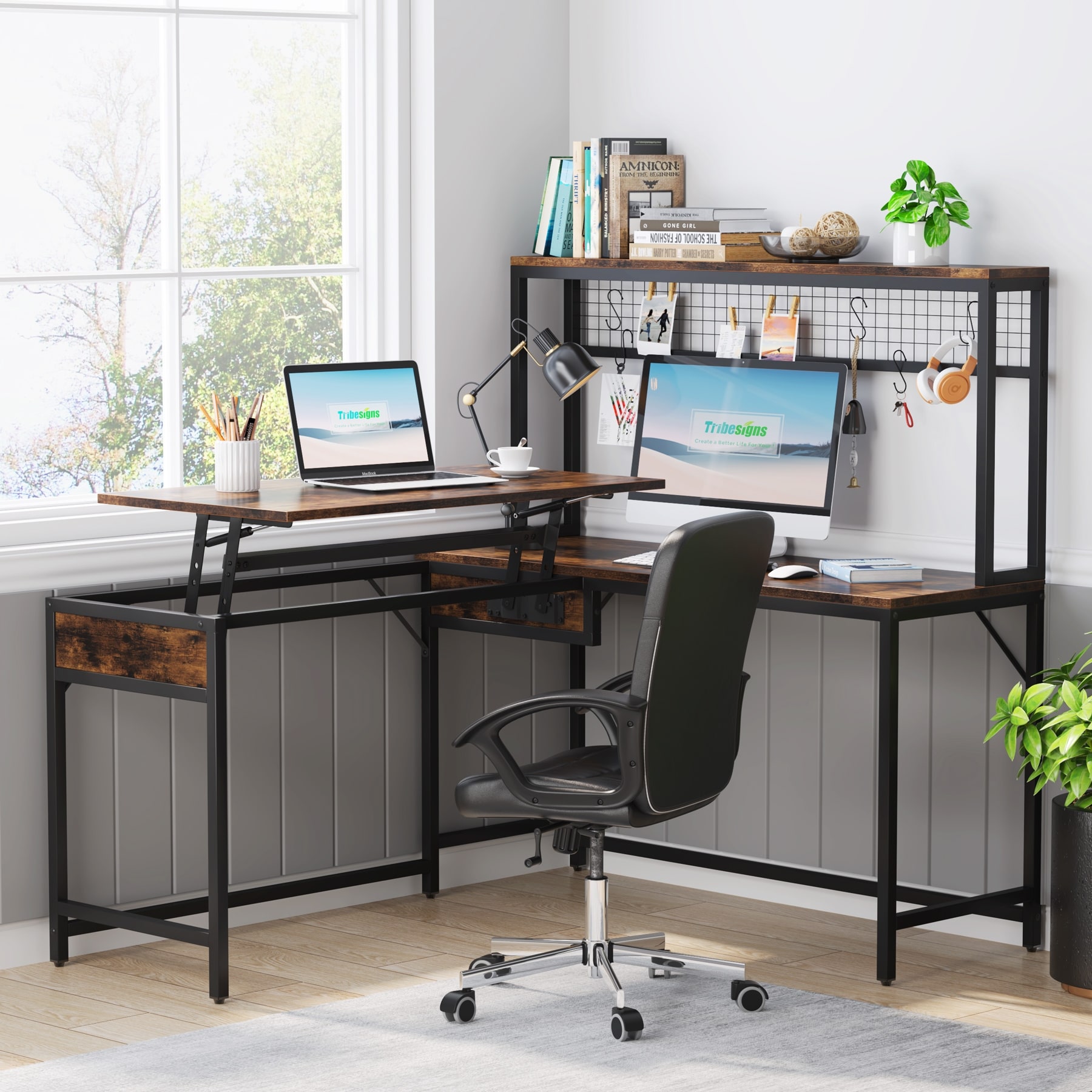 55 Inch Lift Top L Shaped Desk with Hutch, Standing Desk Workstation for Home Office