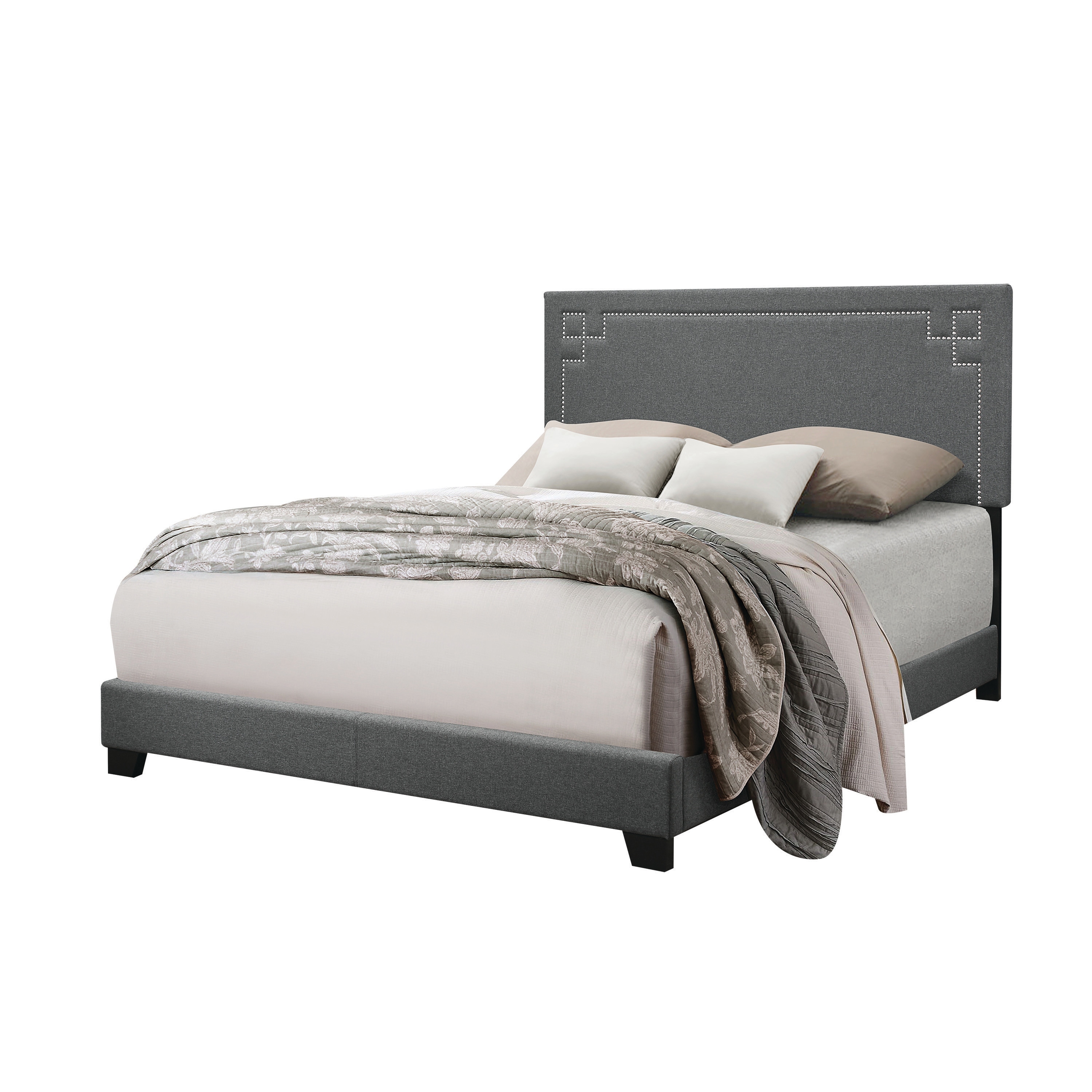 Ishiko II Eastern King Bed with Gray Fabric Padded&Nailhead Trim Headboard