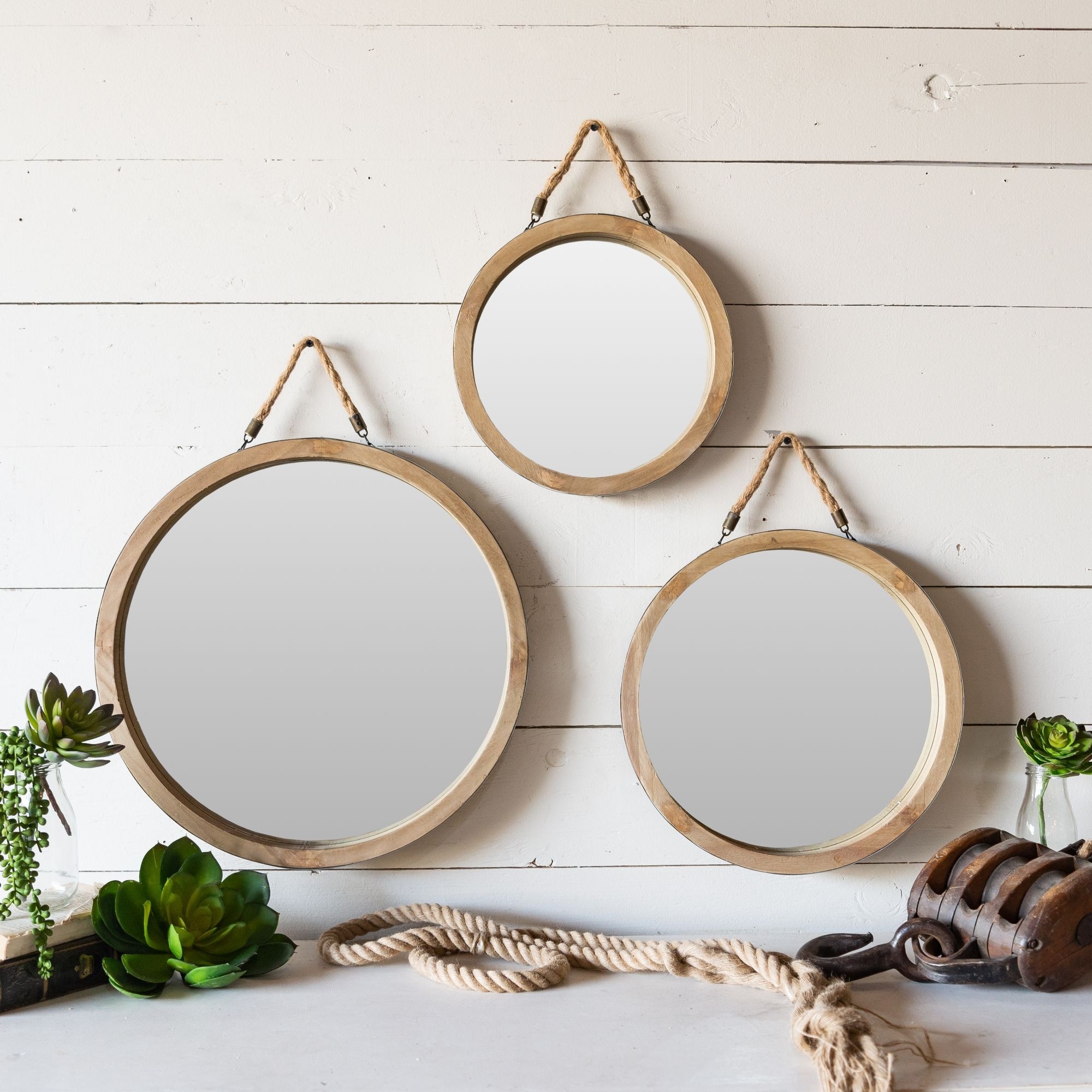 Set of 3 Beige Wooden Framed Beveled Round Wall Mirrors 17.75"