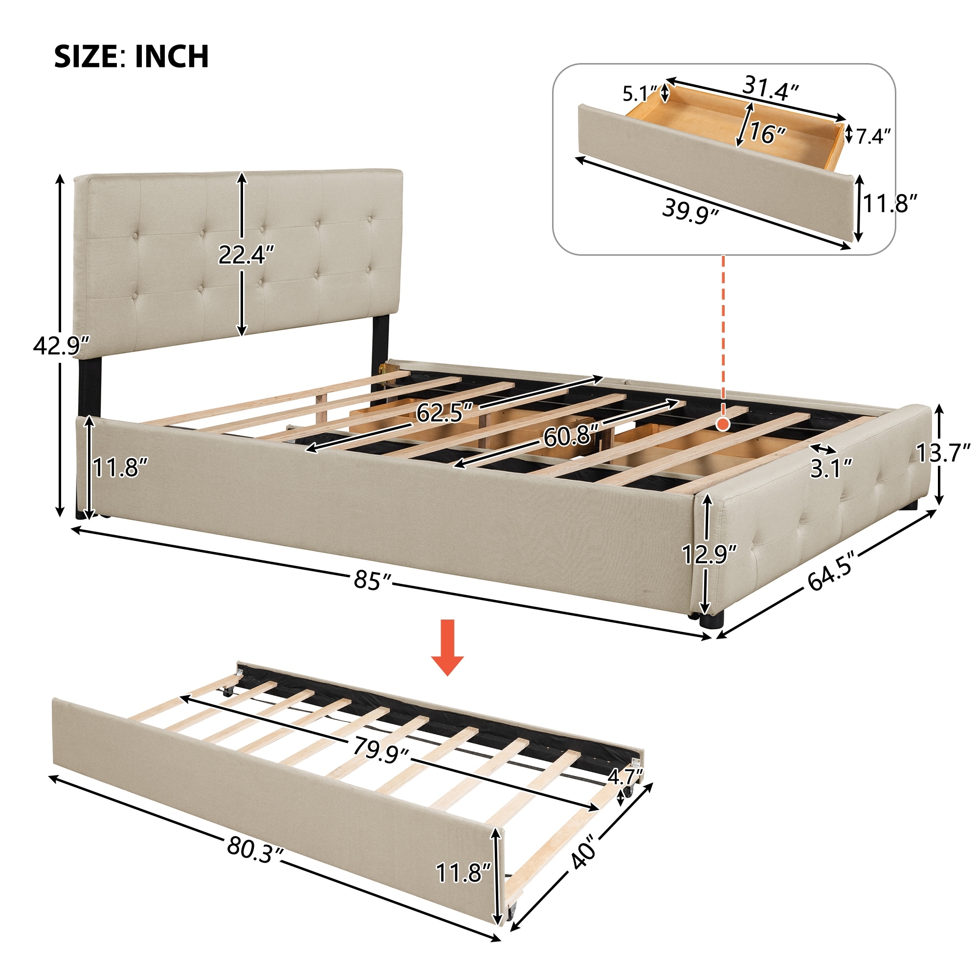 Upholstered Platform Bed with 2 Drawers and 1 Twin XL Trundle, Linen Fabric, Queen Size - Dark Beige
