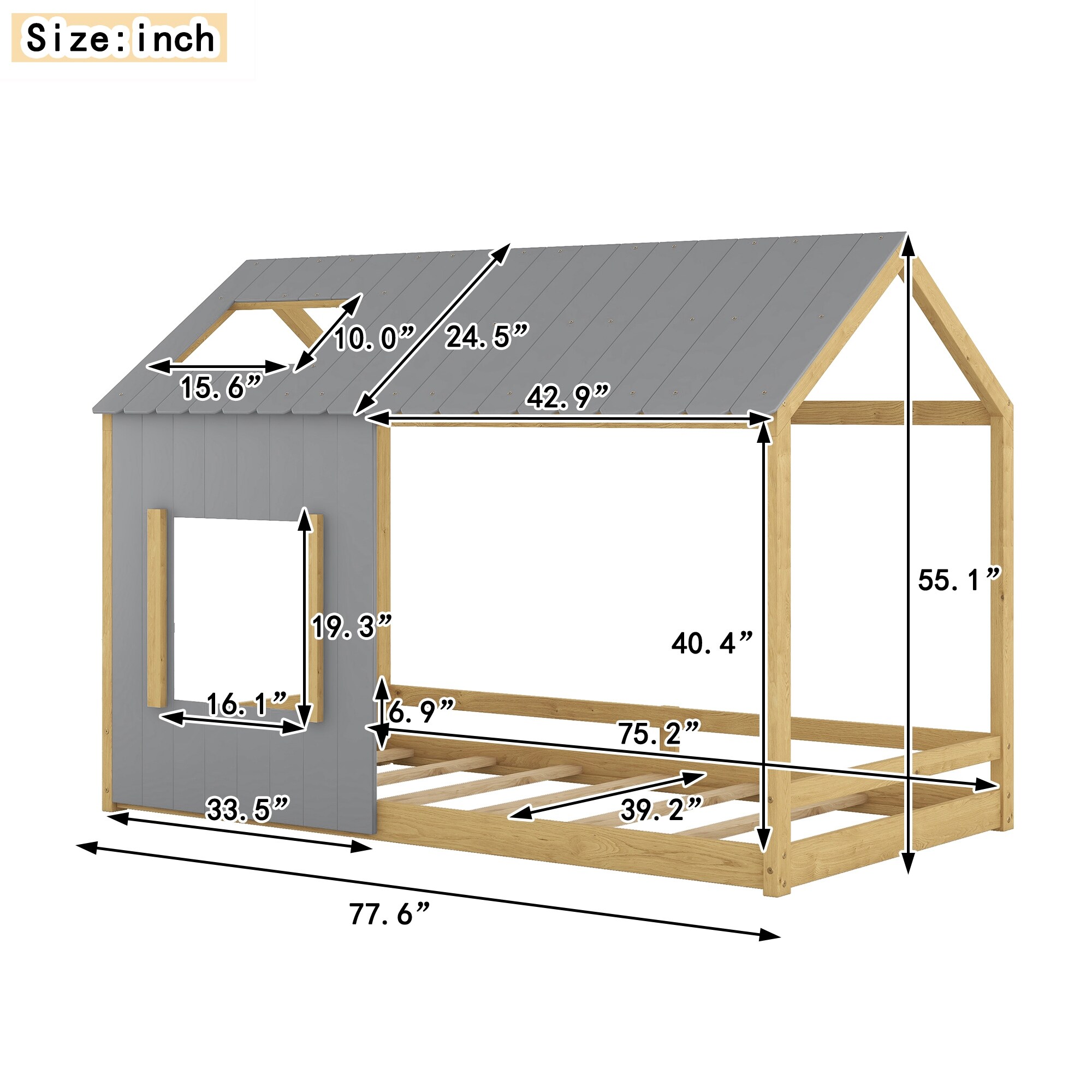 Twin Size Wooden House Bed with Roof and Window
