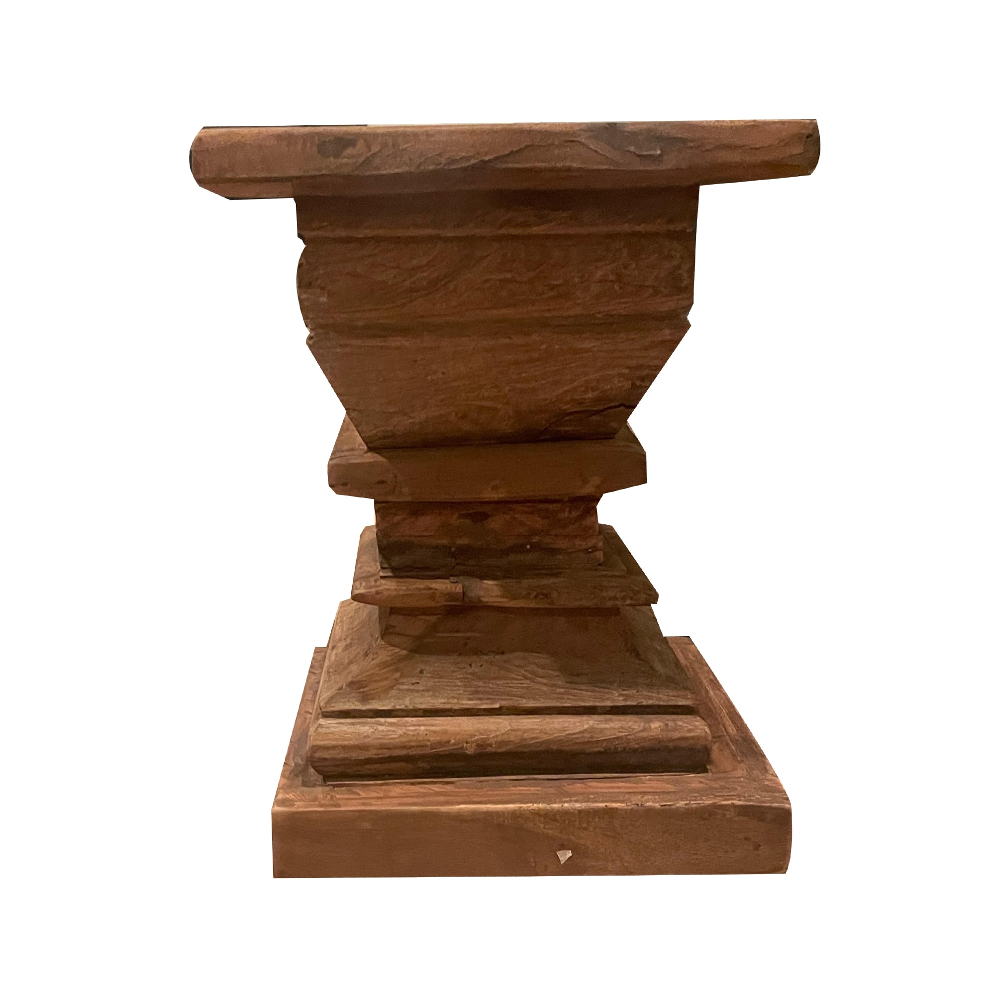 20 Inch Accent Table, Rustic Pillar Pedestal with Scrolled Carvings, Brown
