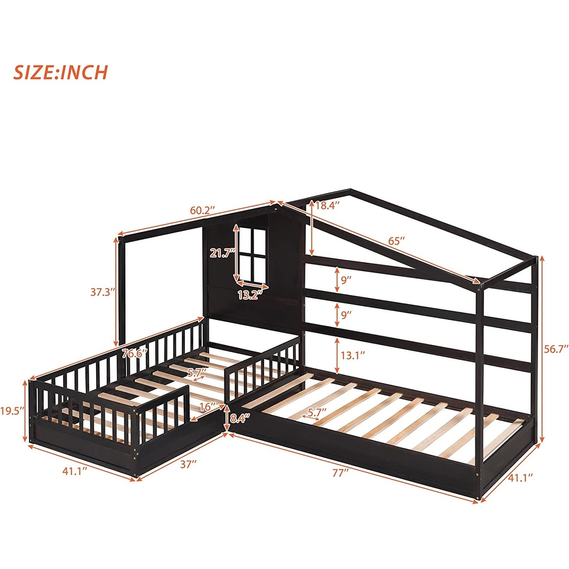 Twin Size L Structure House Bed, 2 Twin Solid Bed with Fence and Slatted Frame, Wood 2 Beds in 1 for Kids Teens Aldults Bedroom