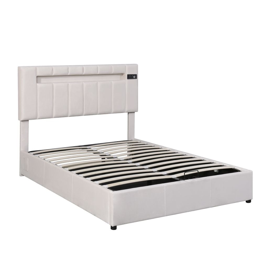 Upholstered Bed Full Size with LED light, Bluetooth Player and USB Charging, Hydraulic Storage Bed