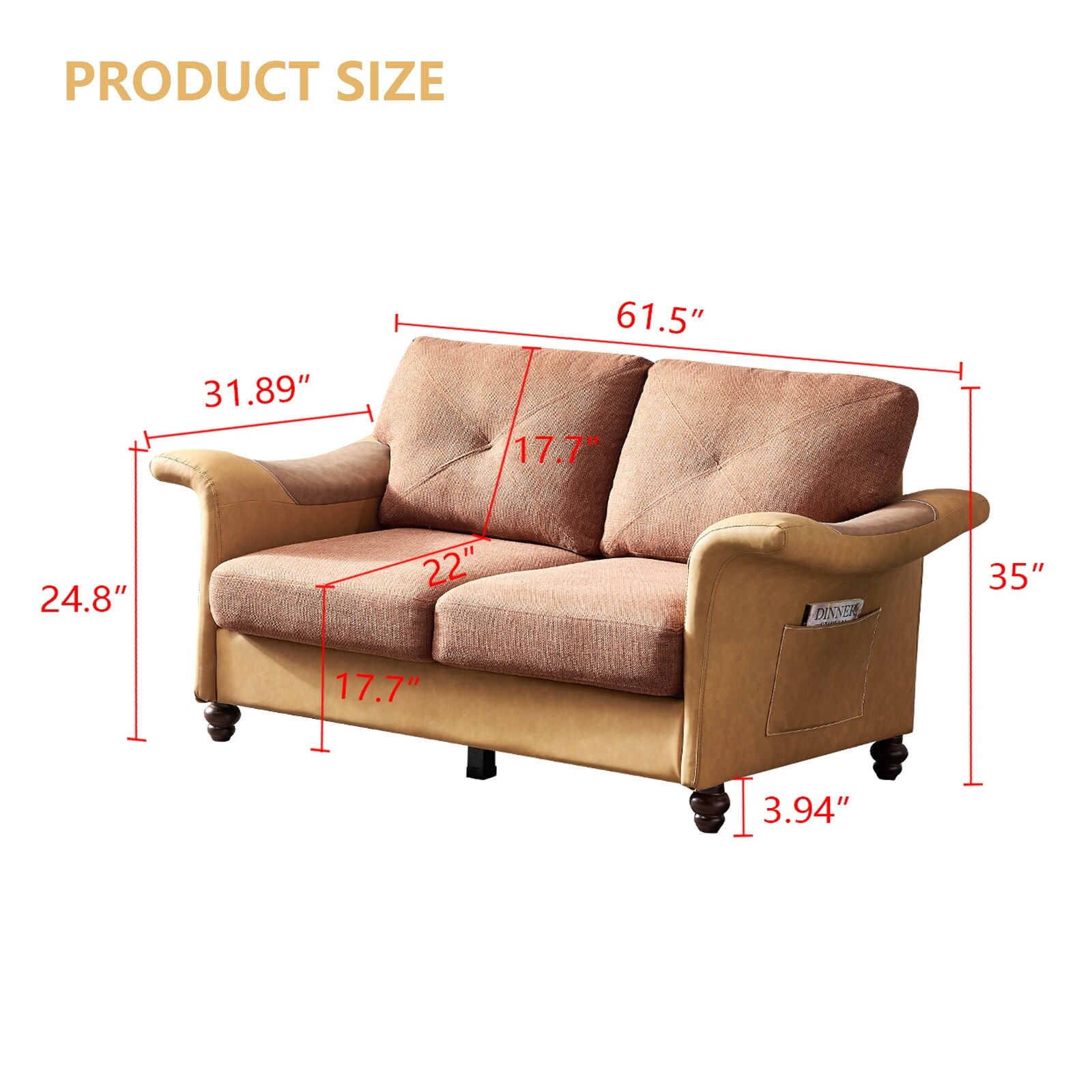 Modern Linen Fabric Faux Leather Upholstered Loveseats Sofa Living Room Folding Armrest Sofa with Wood Leg and Storage Boxes