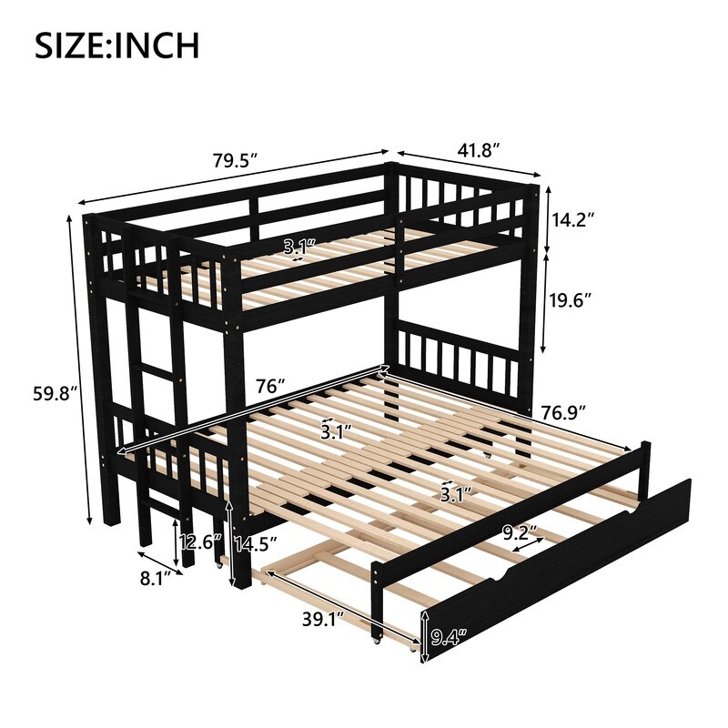 Twin over Pull-out Bed Wood Bunk Bed with Trundle, White